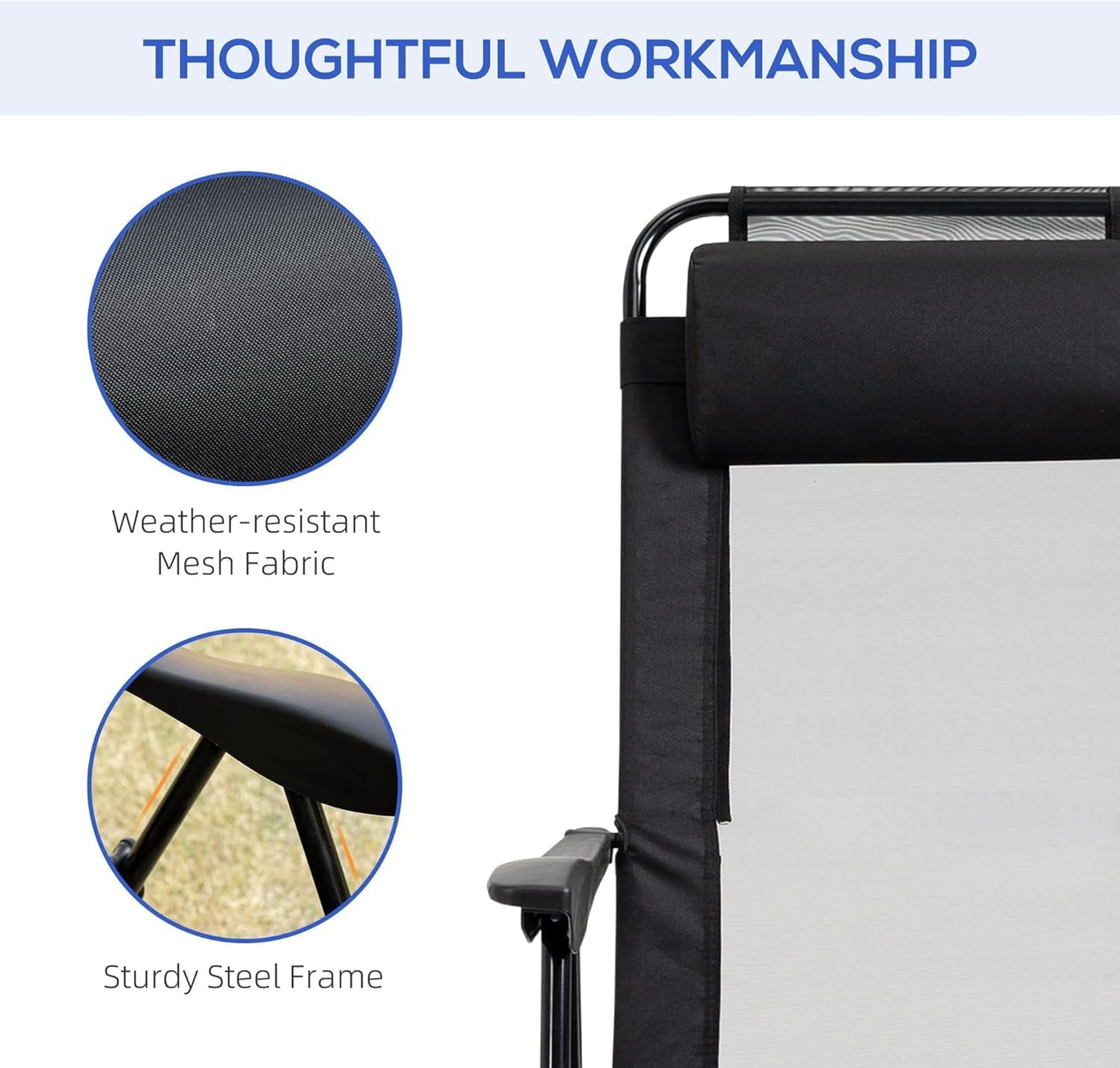 THTGCD Folding Patio Chairs Set of 2, Outdoor Deck Chair with Adjustable Sling Back, Camping Chair with Removable Headrest for Garden, Backyard, Lawn, Black