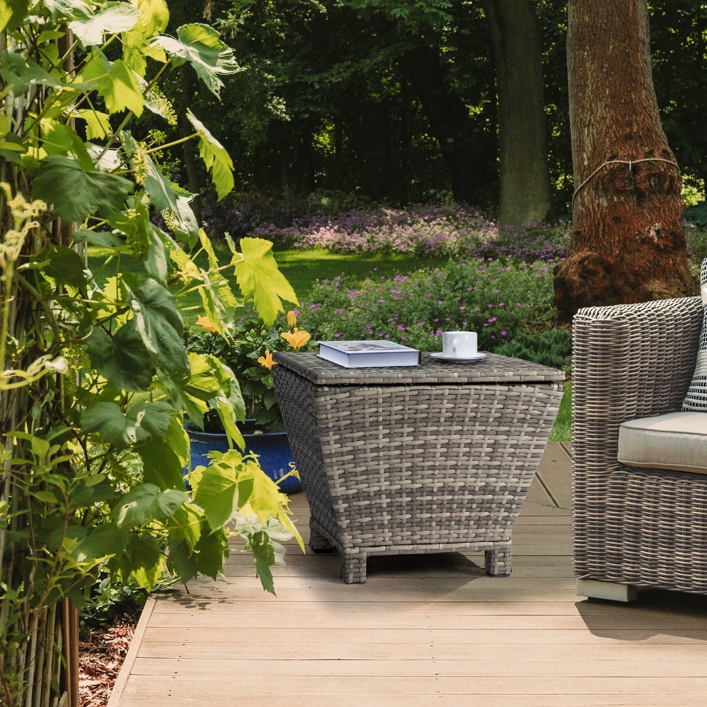 Small Patio Side Table with Storage for Cushions, Hose & Towels, All-Weather Rattan