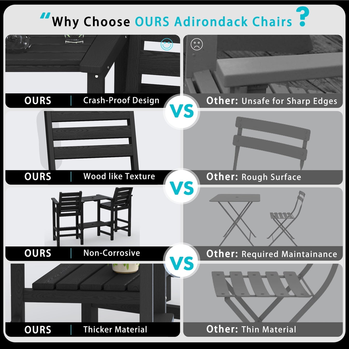 AreShark HDPE Tall Adirondack Chair Set with Removable Double Trays (Set of 2) Black