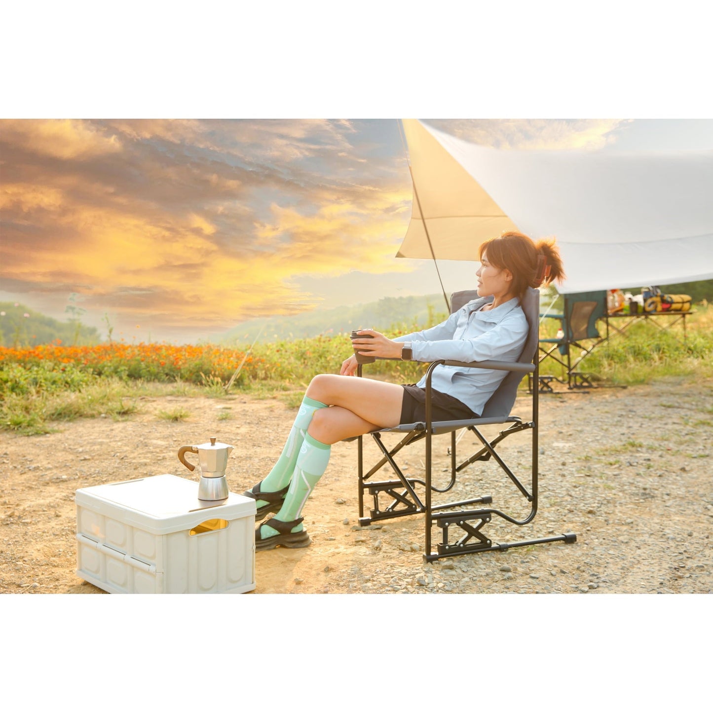 Leumius Outdoor Freestyle Rocker XL Oversized Foldable Rocking Camp Chair,Cup Holder,Gray