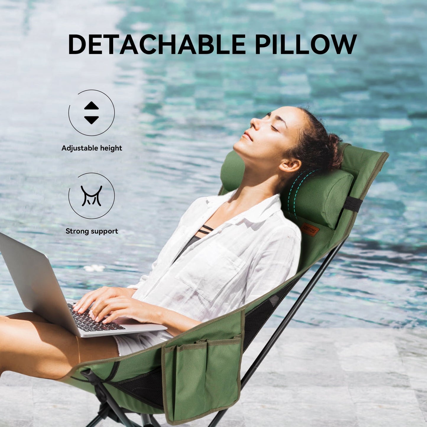 TOBTOS 440lbs High Back Camping Chair with Pillow, Compact Foldable for Camping, Hiking, Backpacking (Green)