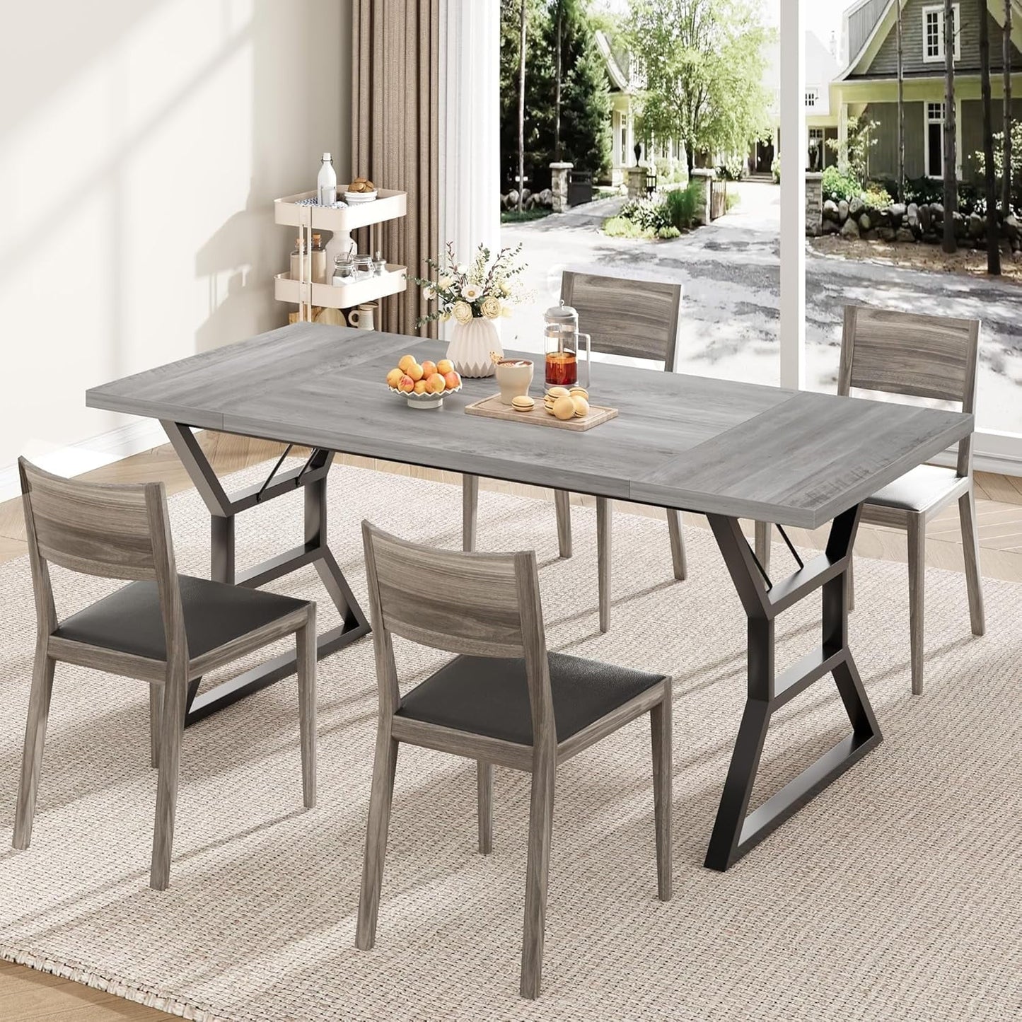 Farmhouse Dining Table for 6, Rectangular Wood Dining Table, Rustic Kitchen Table with Extra Heavy Duty Metal Legs for Dining Room, Outdoor Table for Party, 70.9 * 29.5 * 29.3 Inch (Grey)