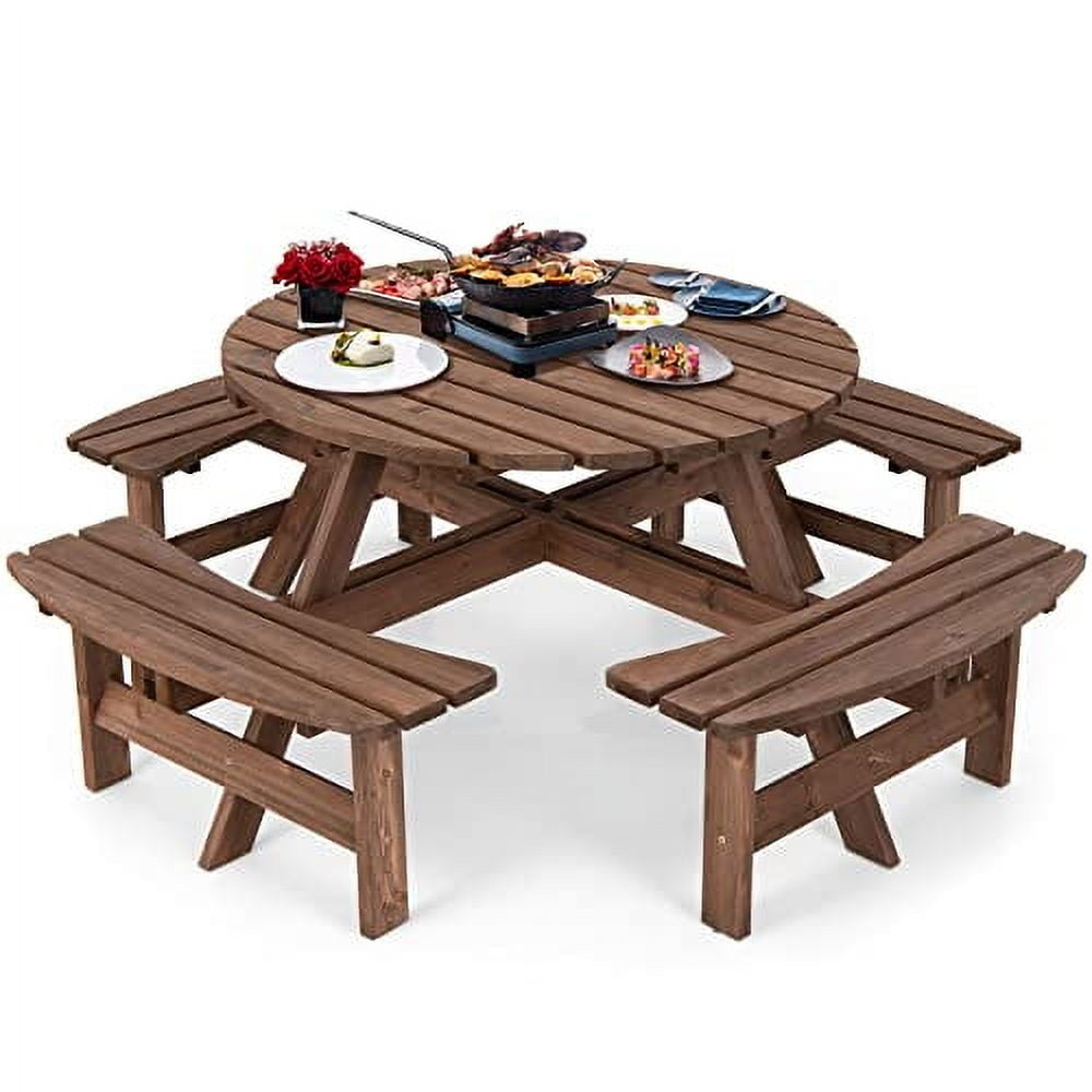GLACER 8 Person Wooden Picnic Table, Outdoor Round Patio Table with Seat & Umbrella Hole, 2200 LBS Weight Capacity for Patio, Backyard, Garden