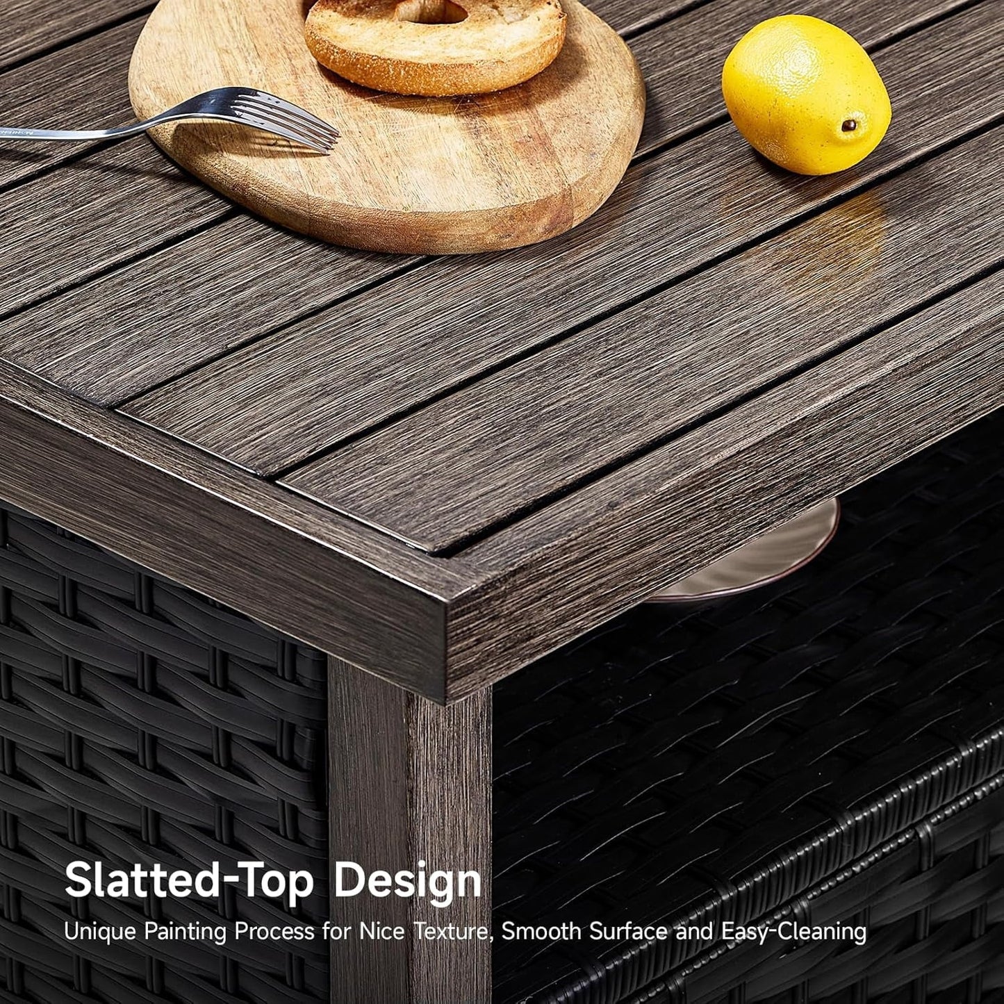 WANSHUN Outdoor Storage Cabinet, Woven Rattan Bar Table with 2 Doors, Slatted-Top, Wicker Console Table for Patio, Garden, Backyard, Kitchen - Black