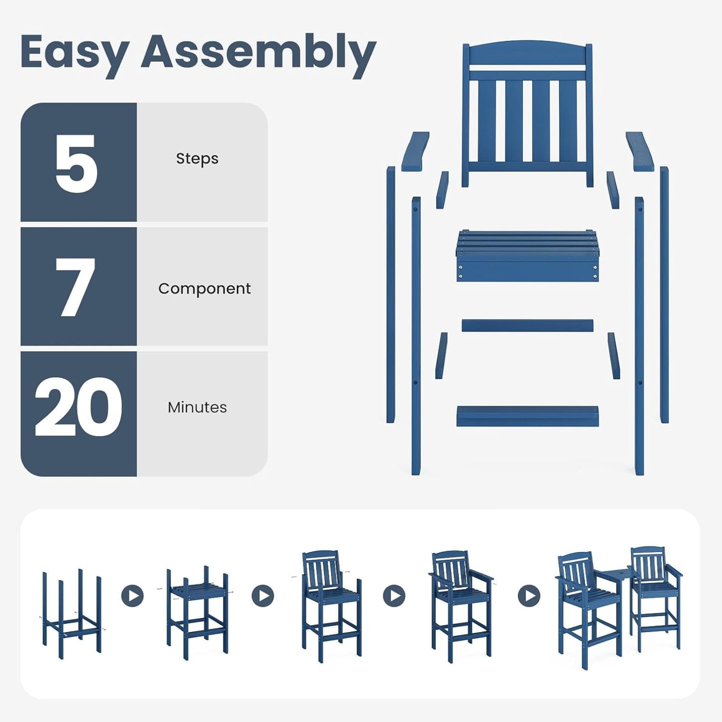 STARY Tall Adirondack Chairs Set of 2, HDPE Adirondack Bar Stools with Connecting Tray, Bar Height Adirondack Chair Patio Barstool, Ideal All Weather Tall Patio Chair for Balcony, Poolside, Backyard