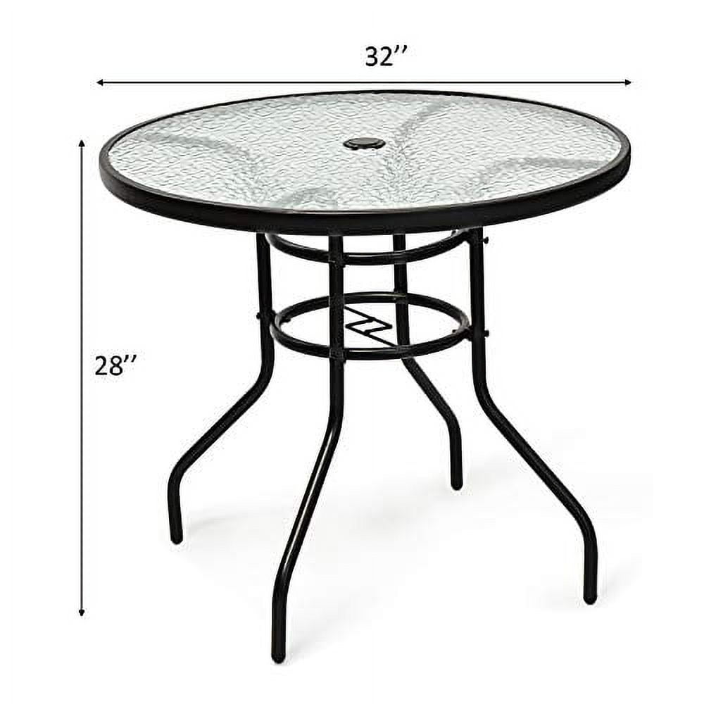 KOTEK 32'' Patio Table with Umbrella Hole, Outdoor Bistro Table w/Tempered Glass Top & Sturdy Metal Frame, Round Patio Dining Table Coffee Table for Garden, Balcony, Poolside