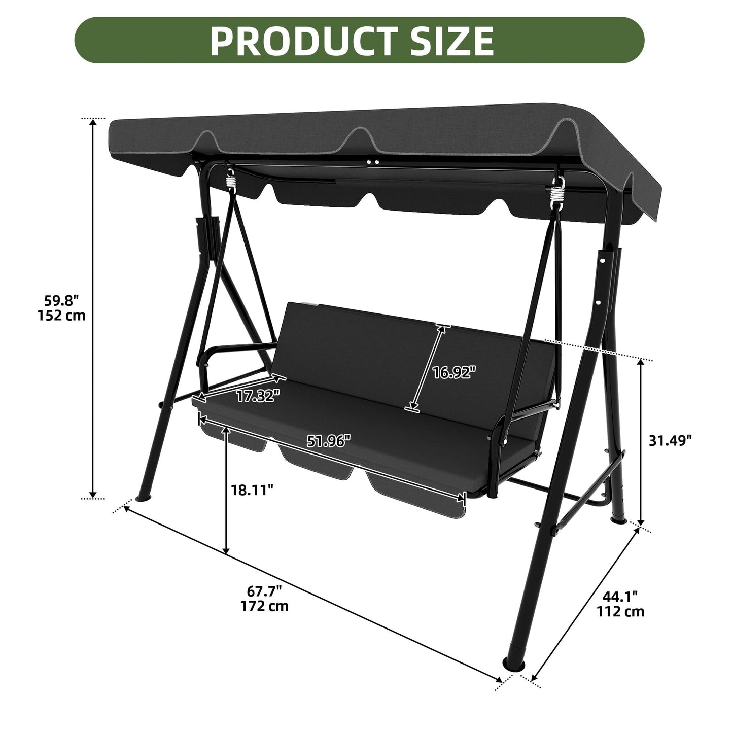 Uforic 3-Seat Outdoor Heavy Duty Patio Swing Chair with Stand & Cushion for Garden, Patio, Deck, Gray