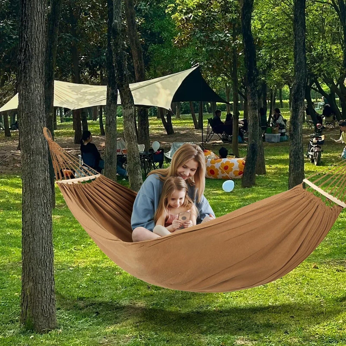 FTCBJJA Single-Person Portable Hammock for Garden - Sturdy Swing Hammock Up to 440lbs with Travel Bag for Porch, Patio, Yard, Bedroom, Outdoor, Beach (Camel)
