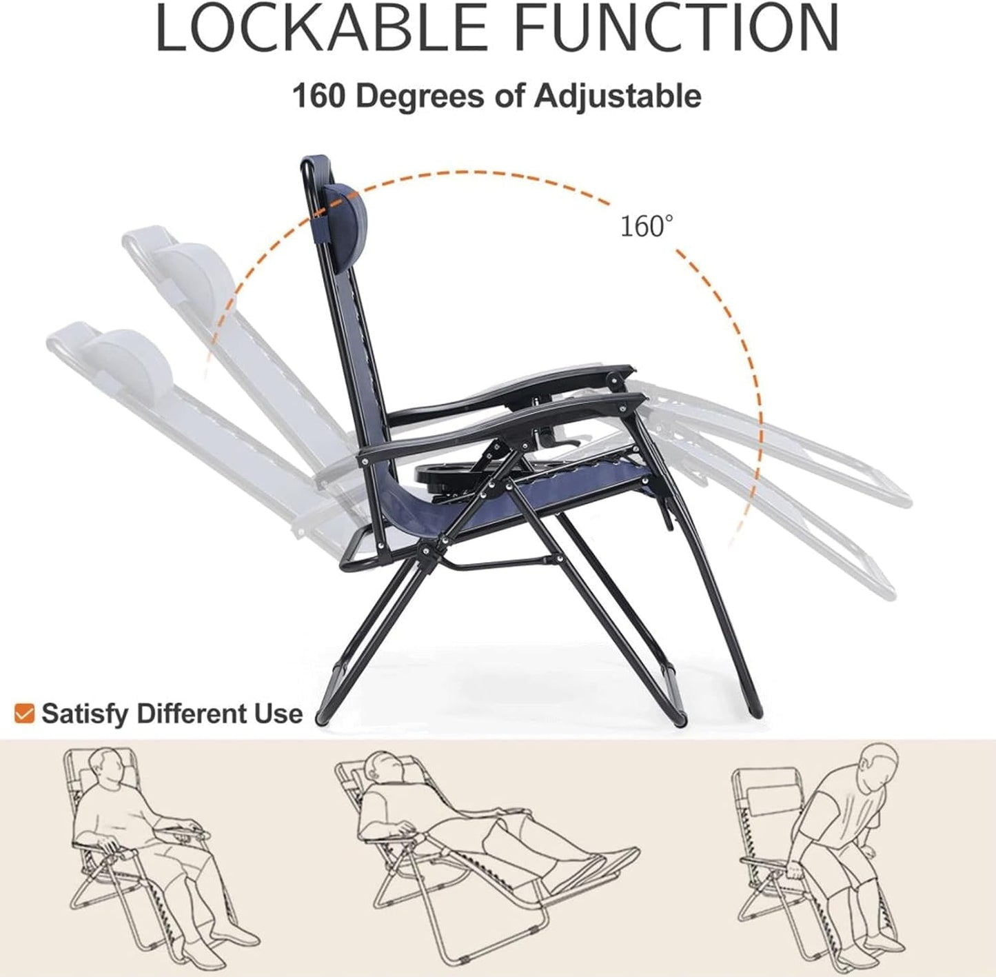 Atilioo Zero Gravity Chairs Set of 2, Adjustable Folding Recliner, Portable Lounge Chair with Steel Frame, Mesh Fabric, Cup Holder Trays & Pillow for Beach, Camping & Patio, Blue