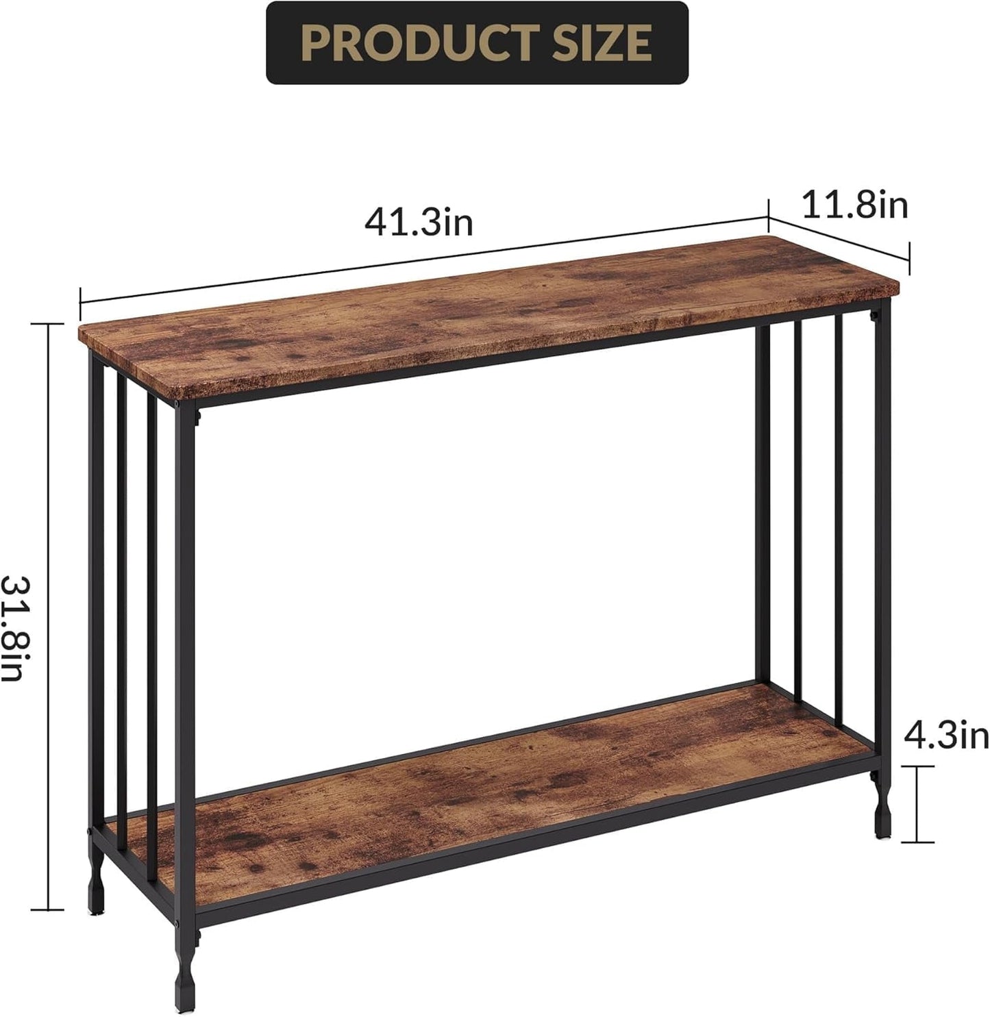 41.3" Entryway Table, Narrow Sofa Table with 2-Tier Storage Shelves & Black Metal Frame, Display Stand and Organizer for Living Room Entryway Office Hallway Bedroom, Retro Color