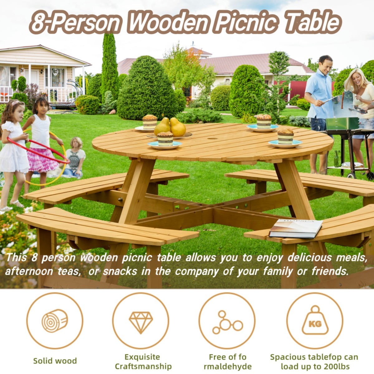 8-Person Round Outdoor Picnic Table with 4 Built-in Benches - Natural Weather Resistant Wood for Garden, Backyard, Patio