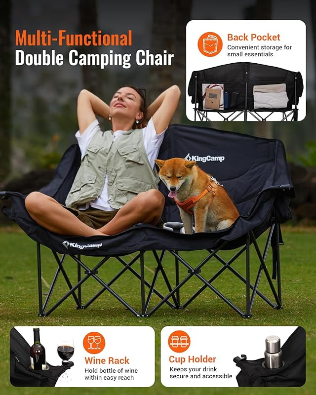 Double Camping Chair, Oversized Heavy Duty Loveseat for Adults Portable Folding XL 2 Person Couch Padded Comfortable Two Seat