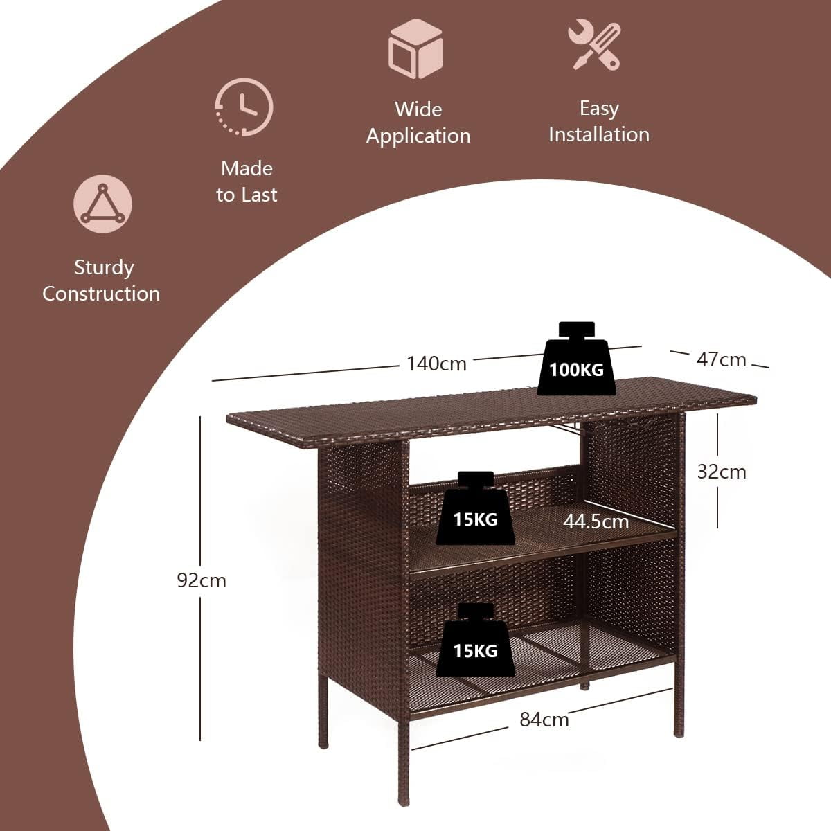 ReunionG Outdoor Wicker Bar Patio Rattan Counter Table with 2 Steel Shelves, 55.1" x 18.5" x 36.2"(L x W x H), Brown