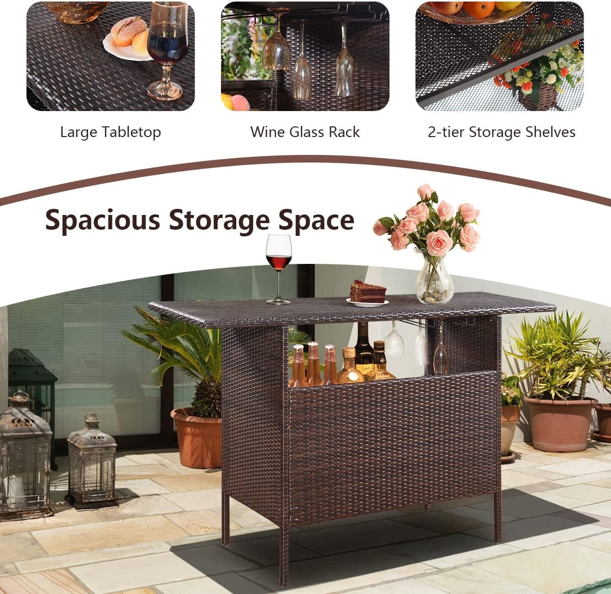 ReunionG Outdoor Wicker Bar Patio Rattan Counter Table with 2 Steel Shelves, 55.1" x 18.5" x 36.2"(L x W x H), Brown