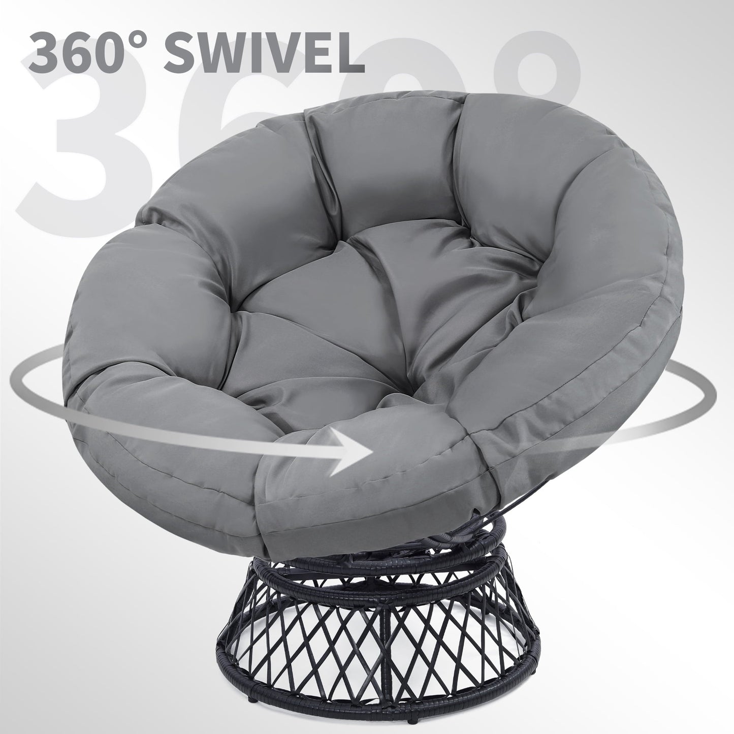 Melocadol Oversized 46" Papasan Chair, Fluid 360° Swivel with Cushion, Durable Frame for Indoor & Outdoor, Black Frame with Dark Grey Cushion