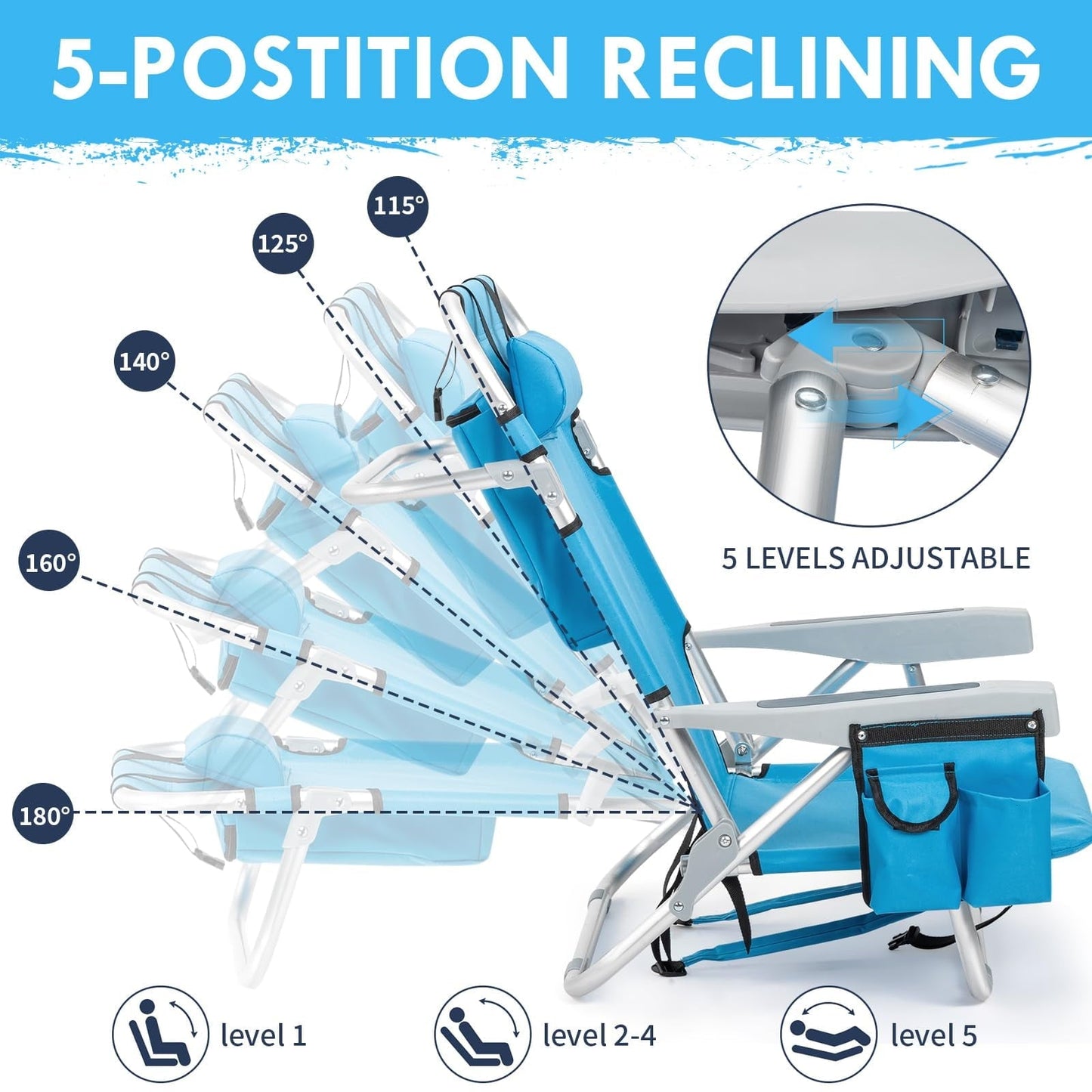 Beach Chairs with 5-Position Recline, 330lbs Folding Backpack Beach Lounge Chairs with Storage Pockets, Cup Holder & Towel Bar, Portable Aluminum Lay Flat Camping Chairs for Travel, Pool & Outdoor