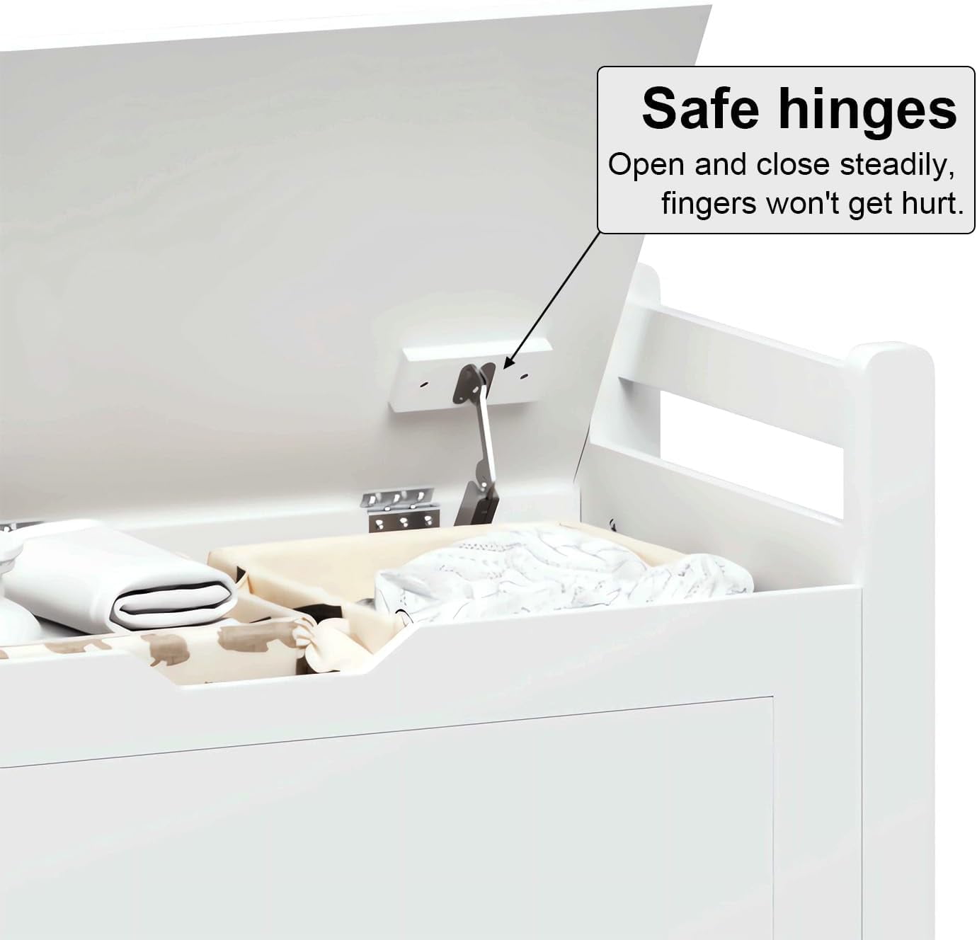 35"" White Entryway Storage Bench with Cushion - Wooden Toy Box with Safety Hinges, Shoe Bench for Living Room & Bedroom