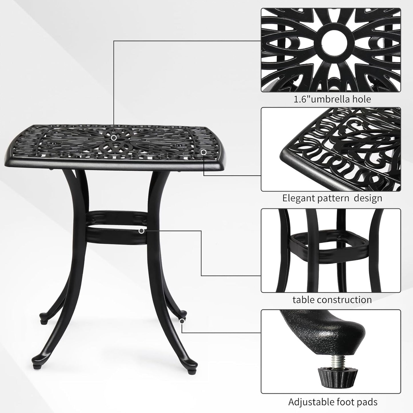 SUPQ 21" Cast Aluminum Patio Table with Umbrella Hole - All Weather, Porch End Table (Black),Square