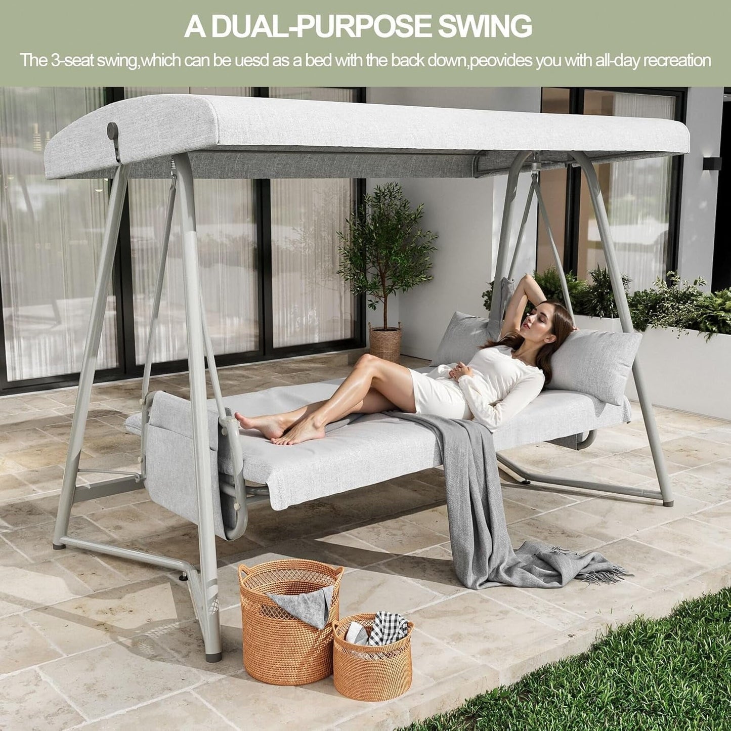 TQKVIPI Oversized 4 Person Outdoor Porch Swing with Adjustable Backrest Canopy,2-in-1 Swing Bed 800 lbs Capacity,Patio Swing with Removable Cushions for Yard Garden Poolside Balcony