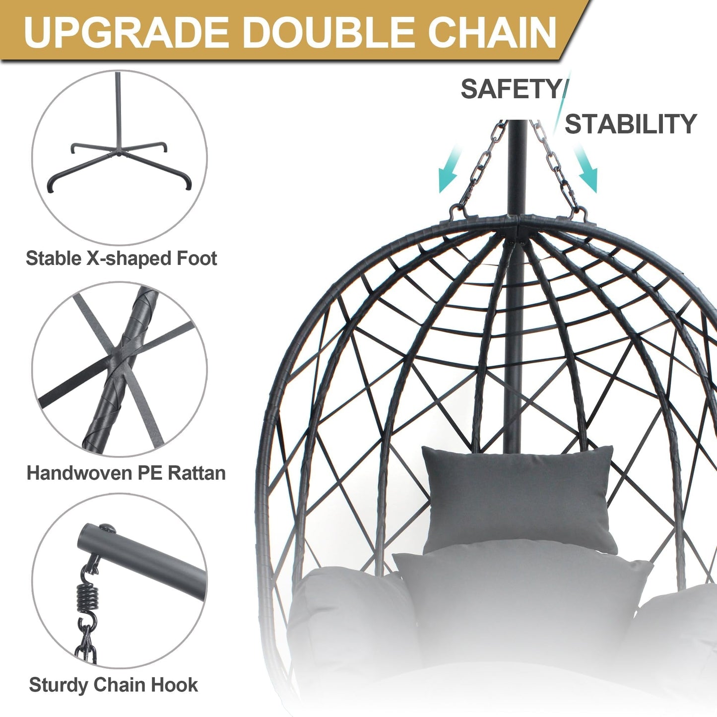 TQKVIPI Wicker Egg Chair Outdoor Indoor,Foldable Patio Hanging Egg Chair with Stand,Swing Chair with UV Resistant Cushion 350lbs Capacity for Bedroom, Patio, Garden and Balcony (Black+Dark Grey)