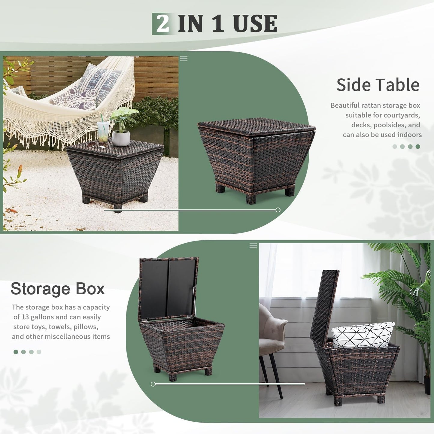 Outdoor Storage Box 13 Gallon, Wicker Deck Box with Lid, Small Bin for Garden Porch, Rattan Coffee Table and Seat, Brown