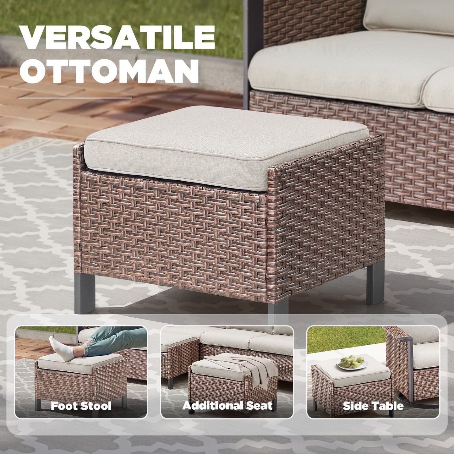 Lumiinofami 6 Pieces Outdoor Patio Conversation Furniture Set - 2 Outdoor Sofa, 2 Wicker Swivel Rocking Glider Chairs and 2 Ottomans, for Garden, Balcony, Porch, Beige