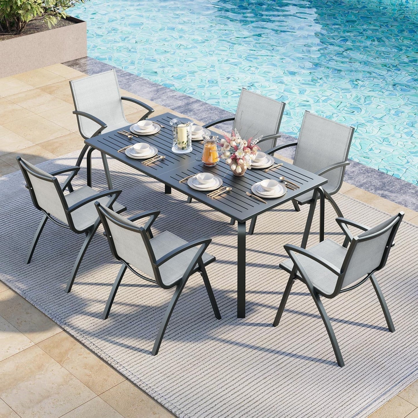 71" x 35" Outdoor Dining Table - 8-Person Aluminum Patio Table with Slatted Top & Umbrella Hole,All-Weather Black for Backyard/Garden/Lawn