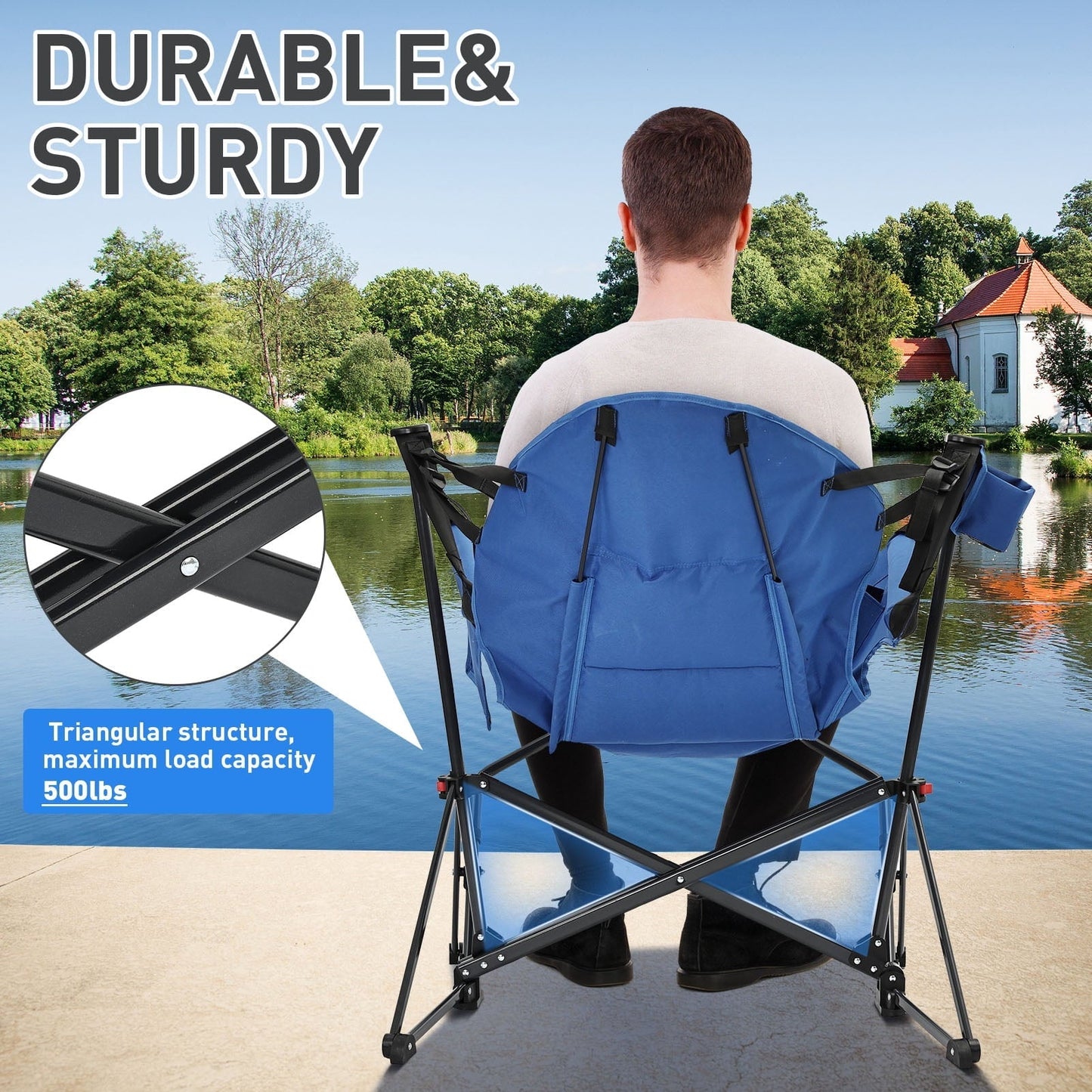 Ainfox Outdoor Hammock Camping Chair with Footrest, Foldable Portable Rocking Chairs for Adults Outside Swinging Camp with Cup Holder Pillow,Blue