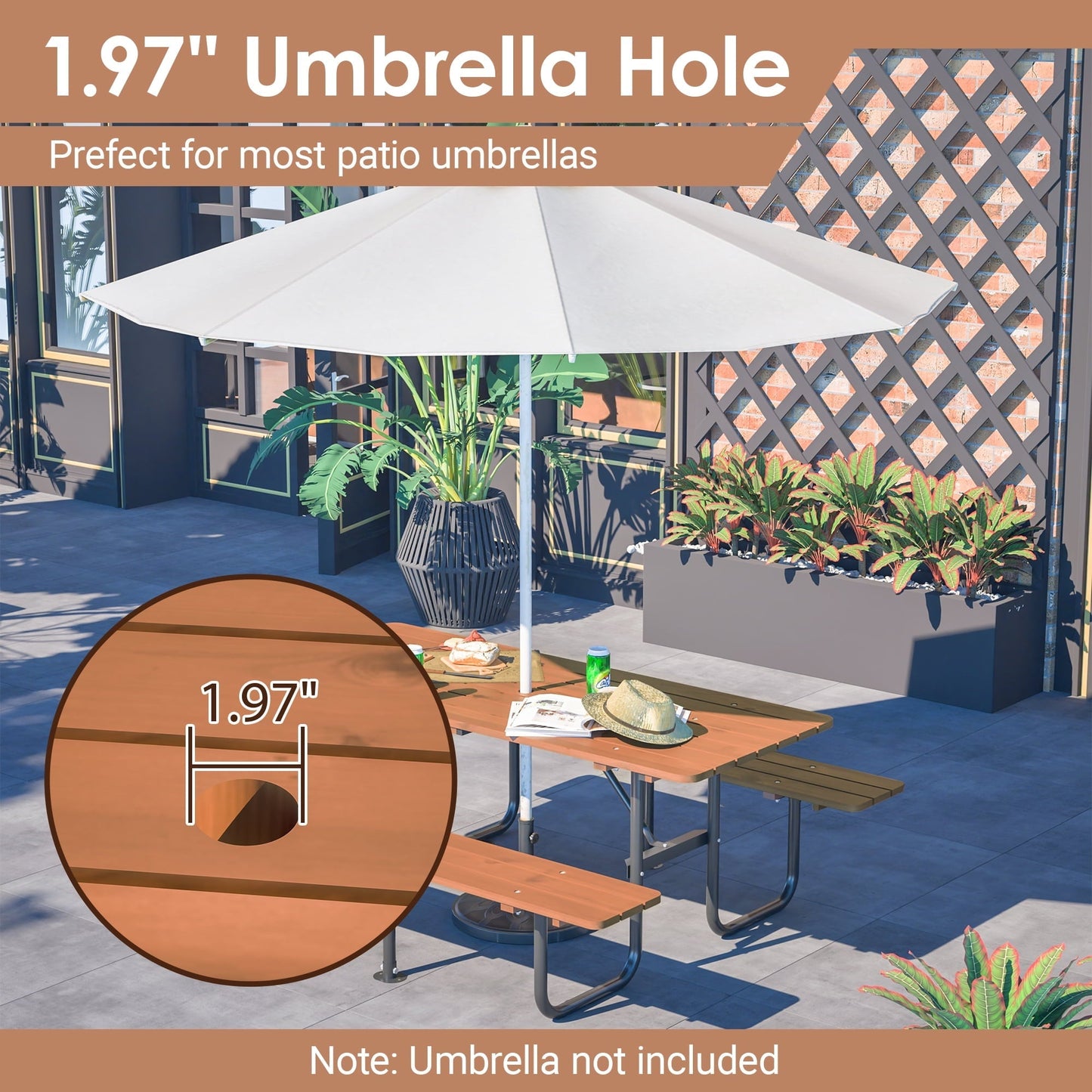 72" Wood Picnic Table w/Umbrella Hole for Outdoor, Rectangle Patio Dining Table and Bench Set, Heavy-Duty Picnic Beer Table Bench Set for Garden, Lawn & Backyard, Brown