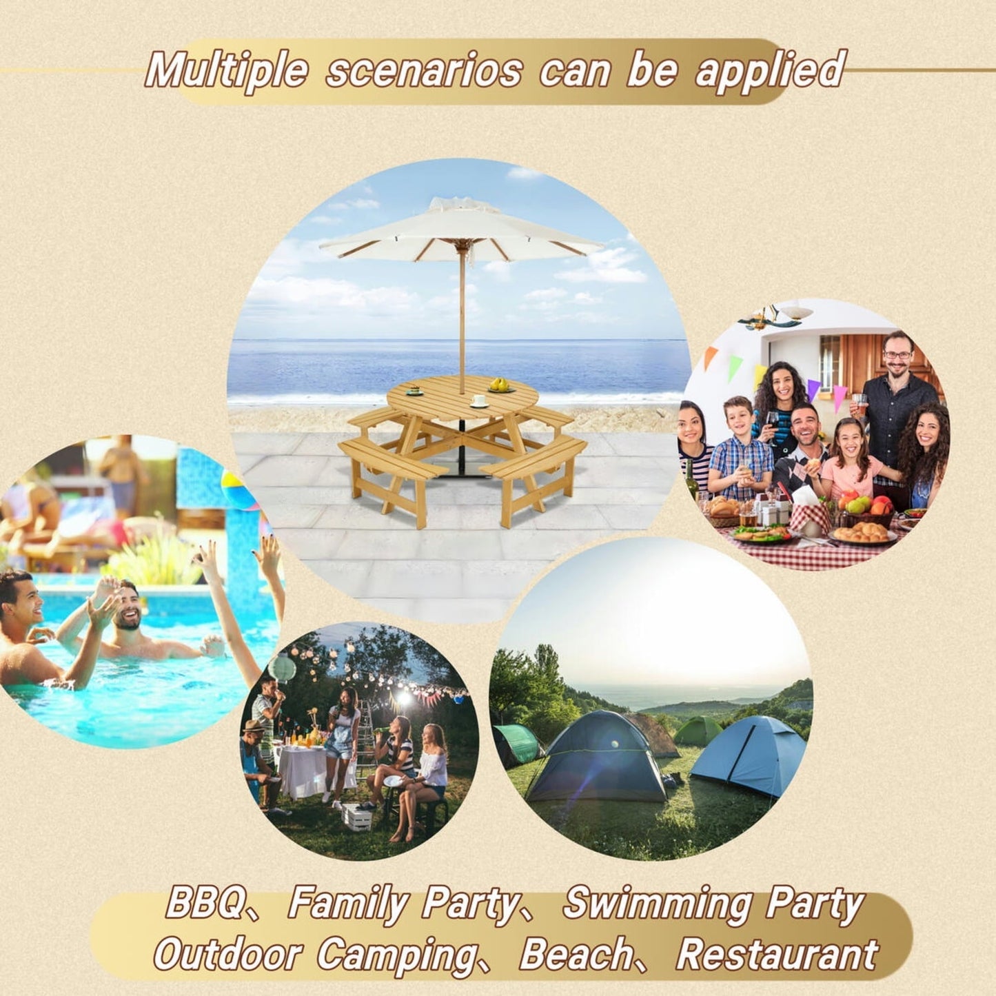 8-person Round Outdoor Picnic Table With 4 Benches & Umbrella Hole, Natural Pine