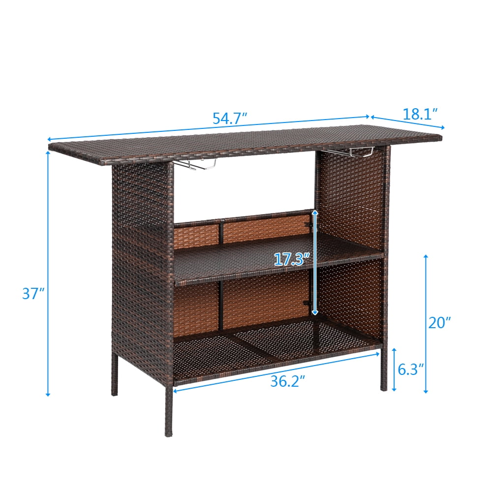 Funnil Patio Rattan Wicker Bar Height Counter Table, Outdoor Patio Furniture Wicker Bar Buffet Table, with 2 Storage Shelves and Wine Glass Racks, Brown