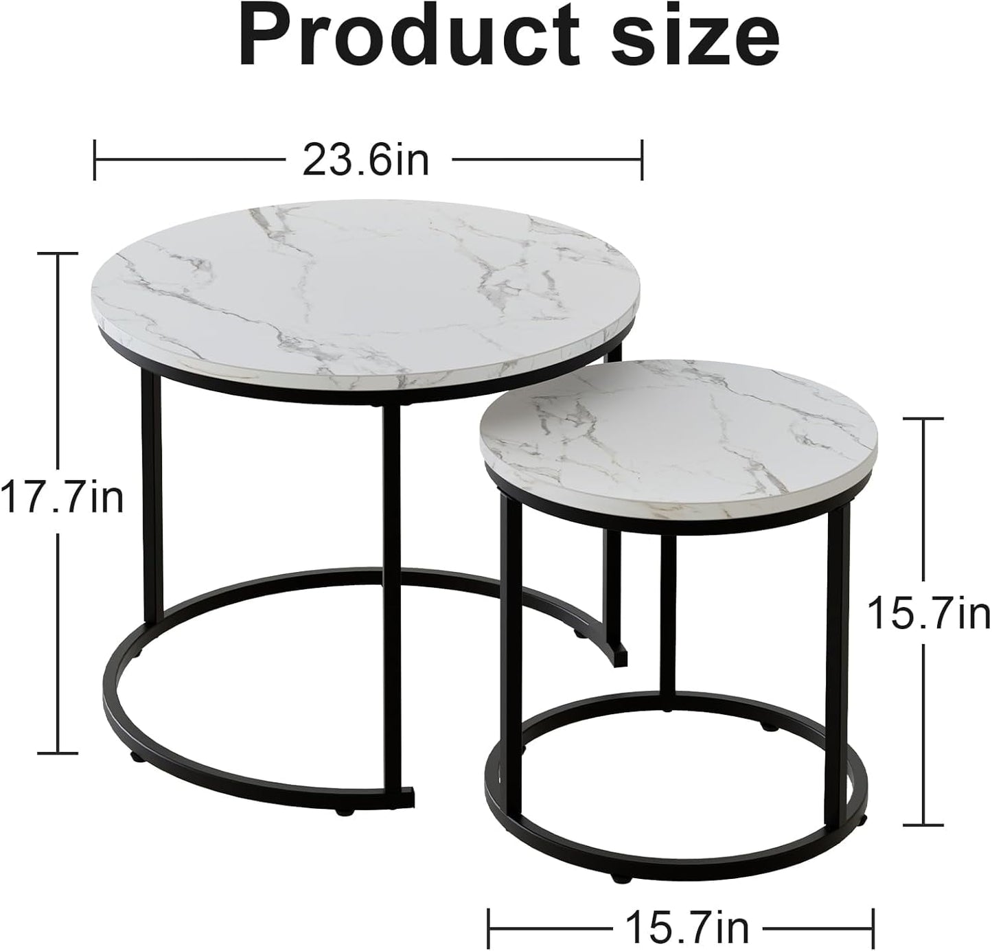 Round Nesting Coffee Table Side Table Set of 2 End Tables for Living Room Bedroom Balcony, White Faux Marble Wooden Table Accent Coffee Table with Black Steel Frame