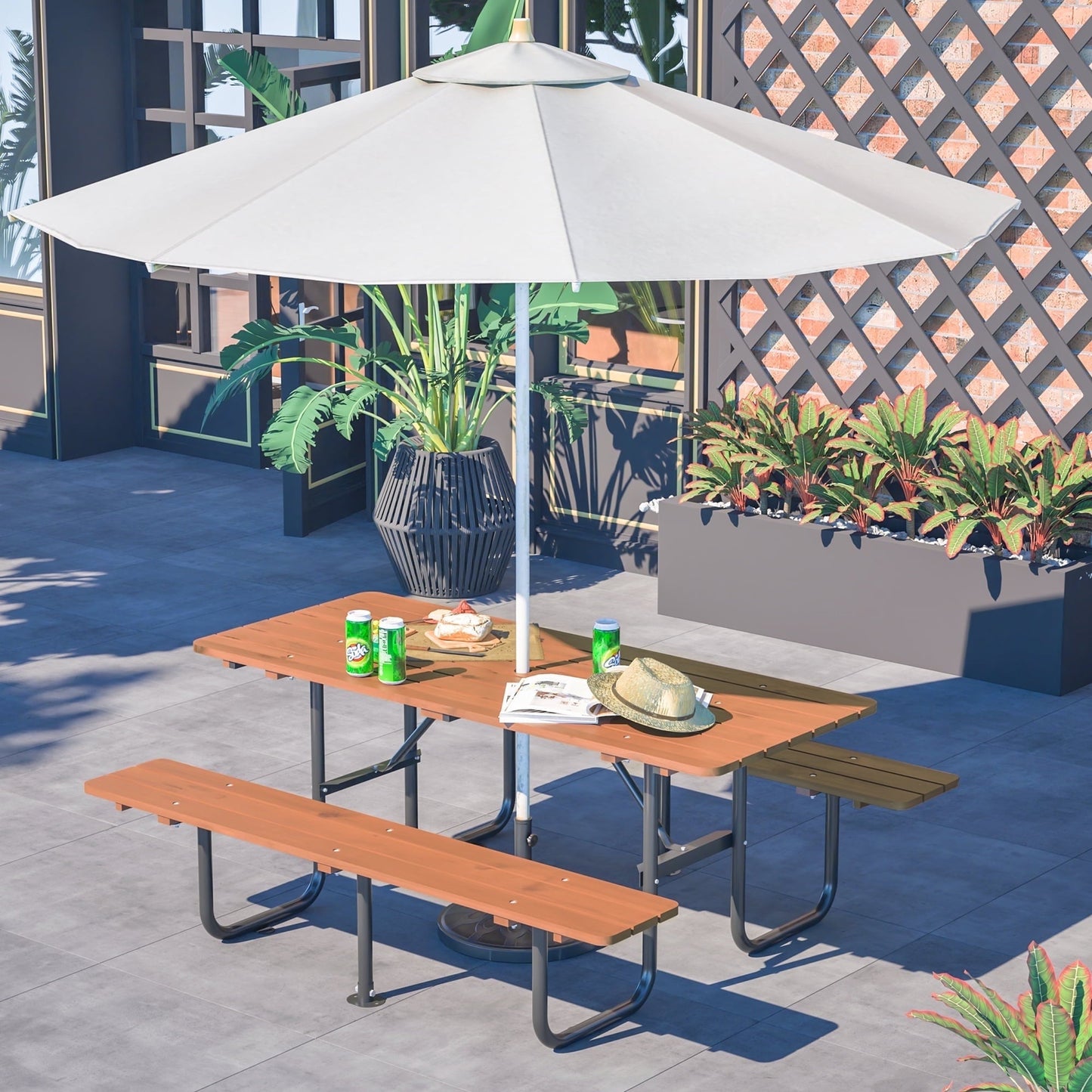 72" Wood Picnic Table w/Umbrella Hole for Outdoor, Rectangle Patio Dining Table and Bench Set, Heavy-Duty Picnic Beer Table Bench Set for Garden, Lawn & Backyard, Brown