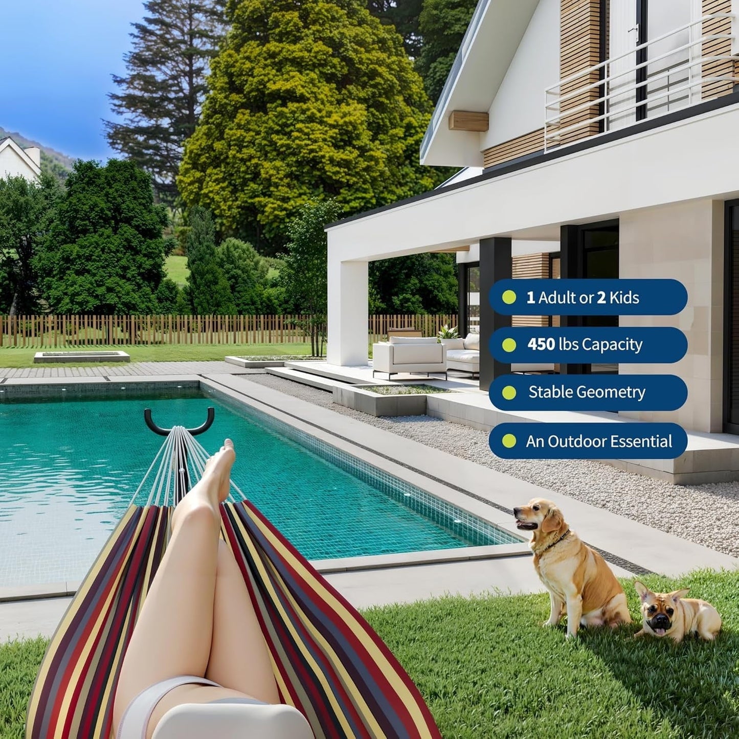 WildBreak Double Hammock 107.5 x 42.9 x 39.3", for 2-Persons, with Steel Stand, Multicolor