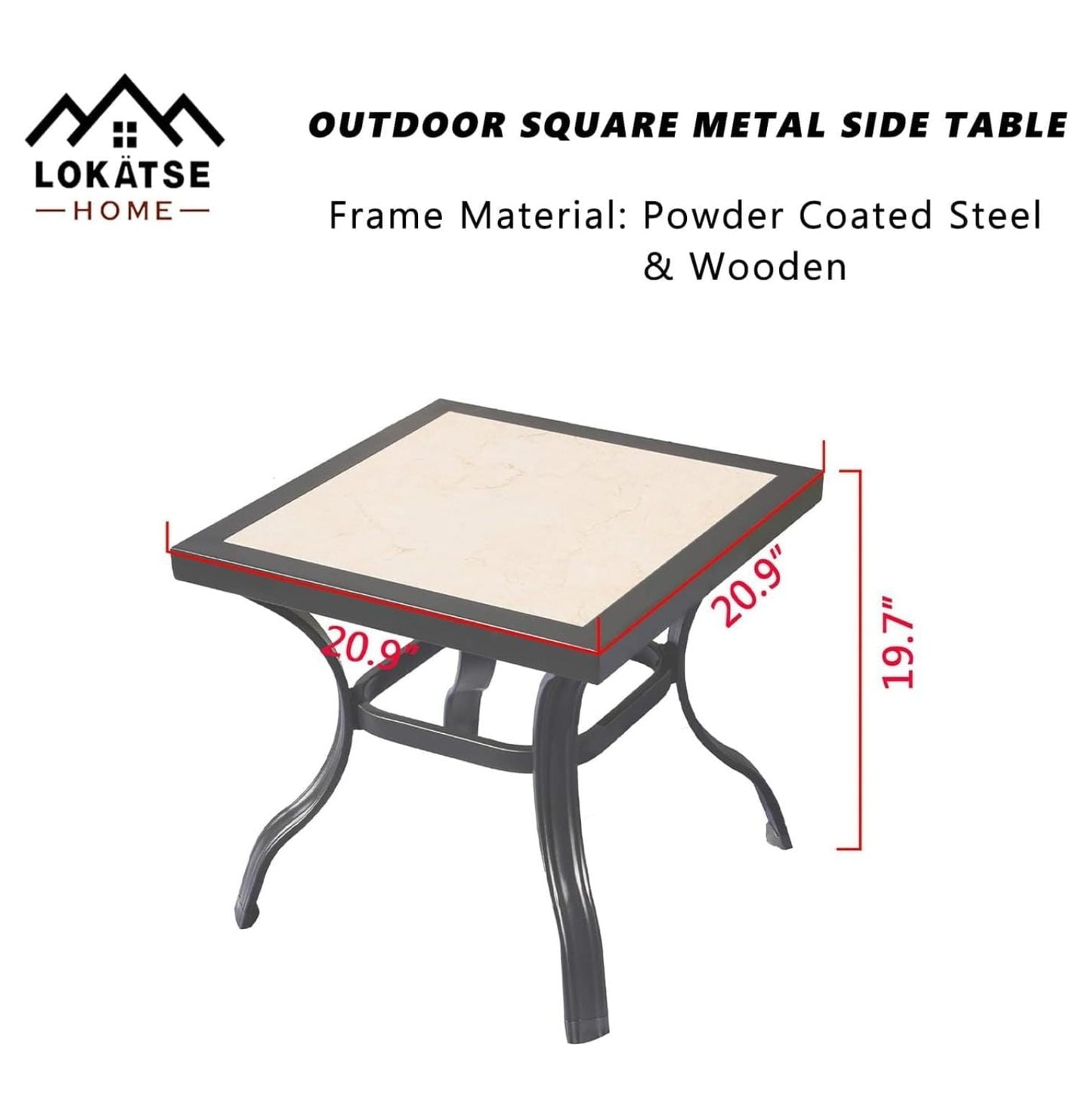 Outdoor Patio Bistro Side End Table Square Metal Frame Removable Tile Table Top Dining Coffee Table for Garden Swimming Pool Outdoor Patio Furniture Black
