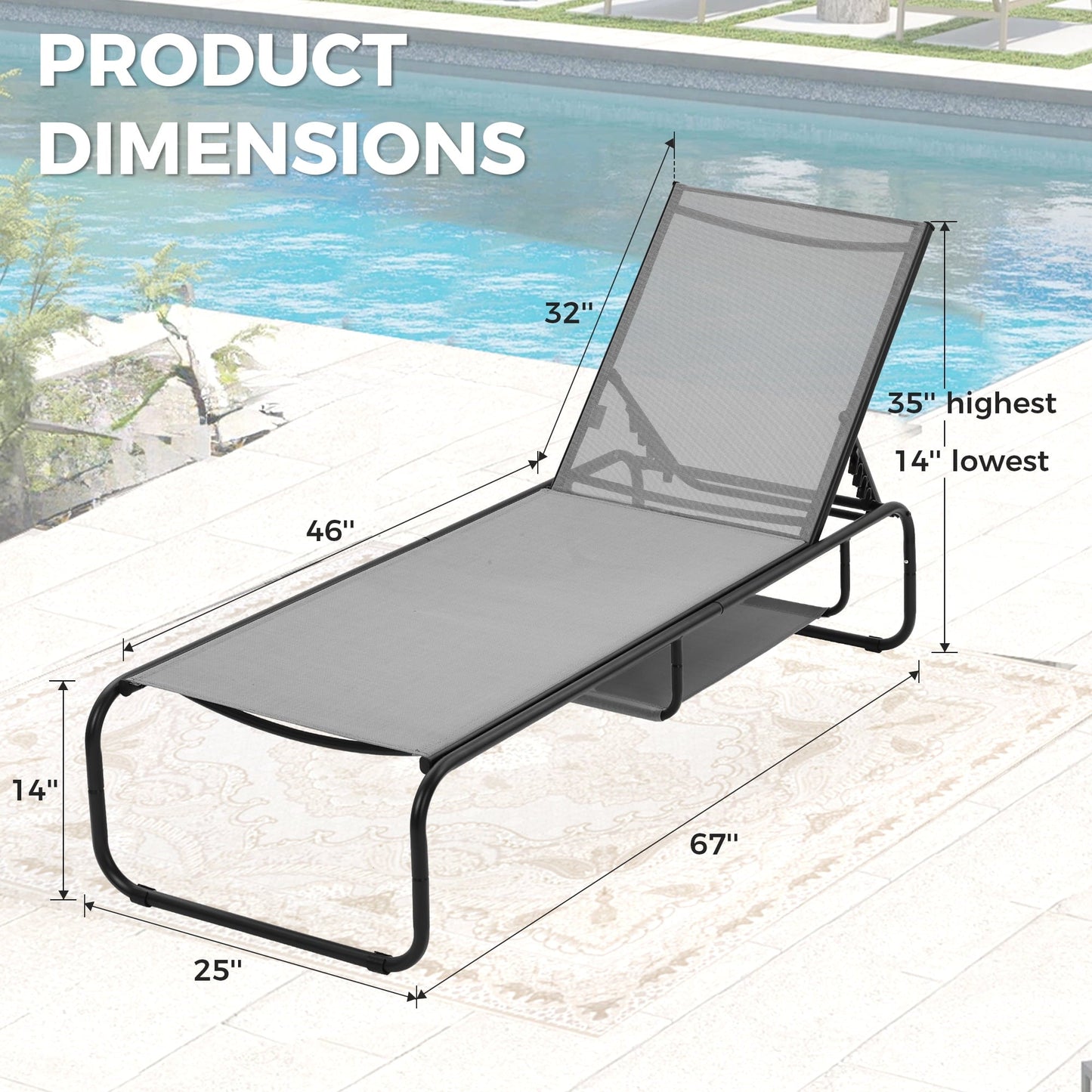 Ainfox Patio Lounge Chair Set of 2, Recliner with Adjustable 5-Position and Storage, Outdoor Chaise Lounge for Beach,Poolside,Grey/Grey