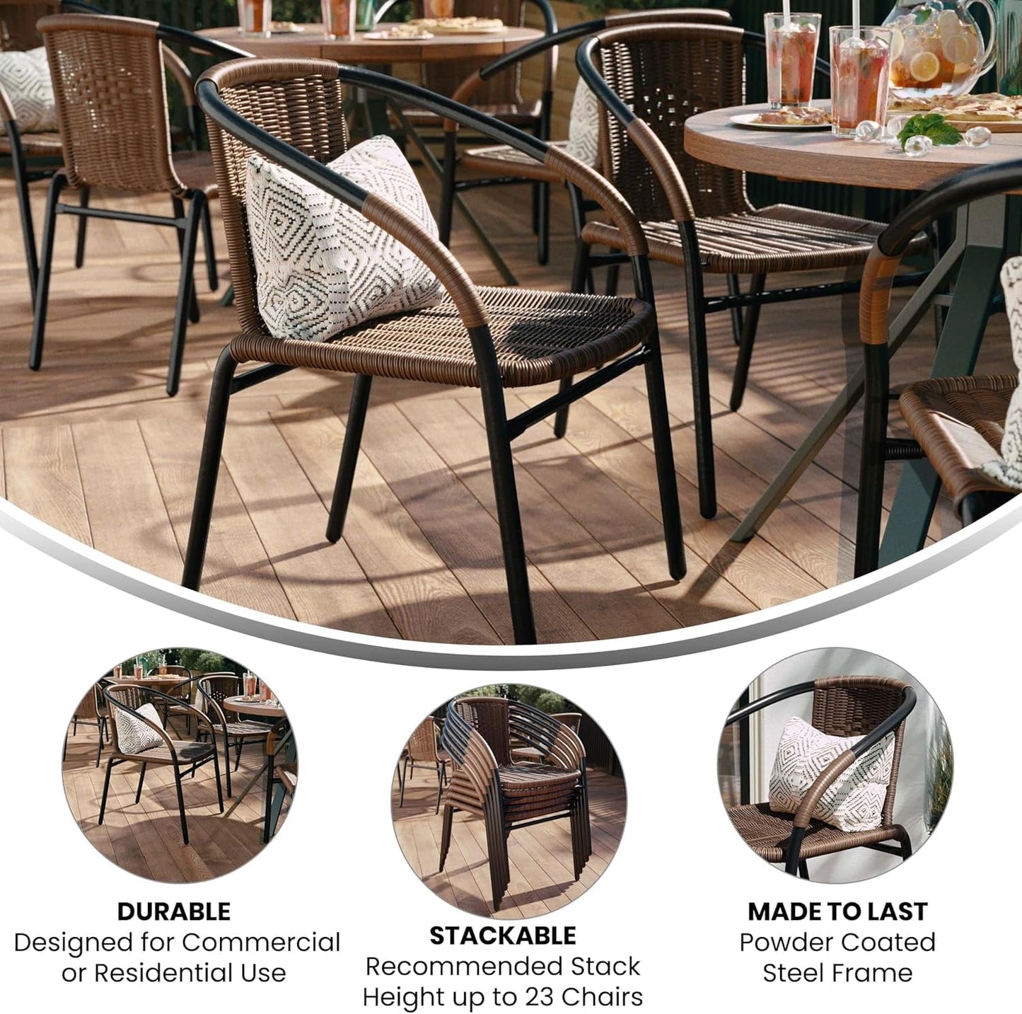 Jumpeak Lila Modern Rattan Indoor/Outdoor Stackable Dining Chairs, Stacking Rattan Bistro Chairs for Patio or Restaurant, Set of 4, Brown