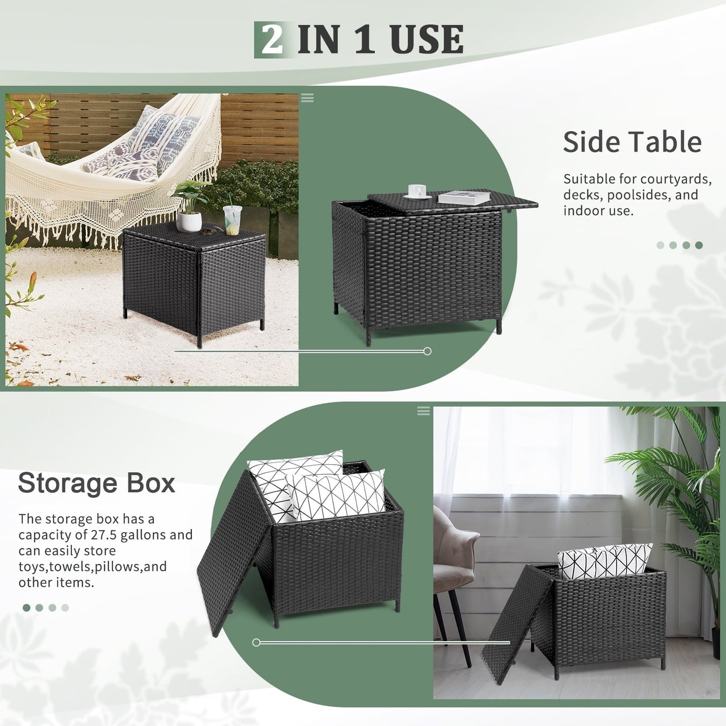 Black PE Rattan Outdoor Side Table with Storage - Square Patio End Table for Furniture Covers, Gardening Tools, and Toys