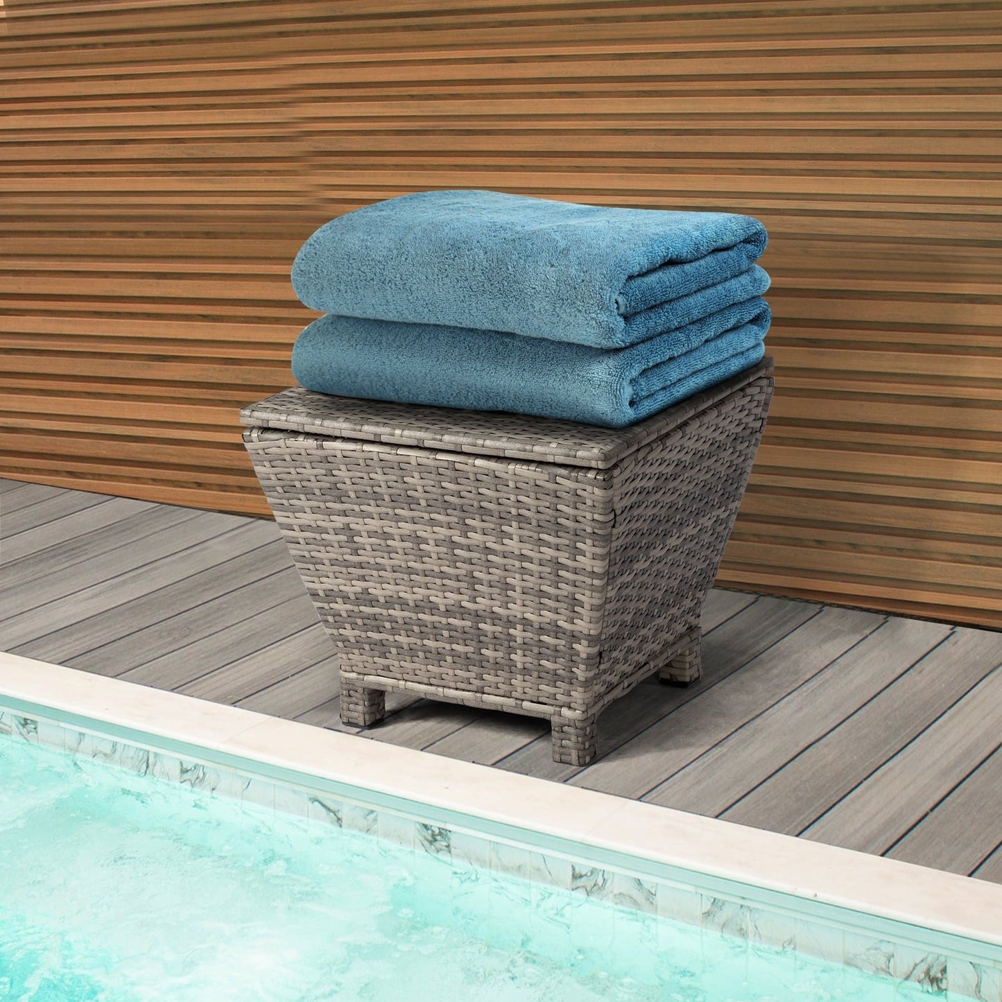 Small Patio Side Table with Storage for Cushions, Hose & Towels, All-Weather Rattan