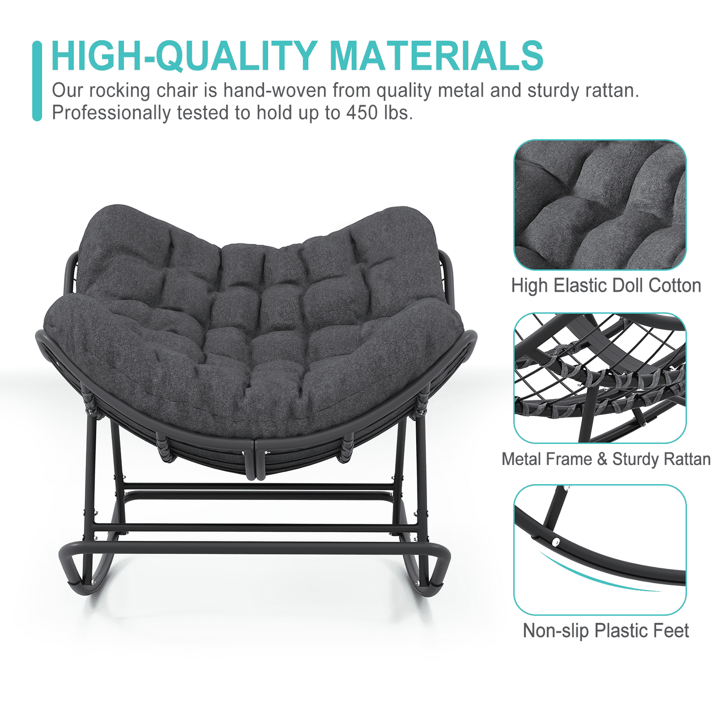 Micleed Papasan Rocking Chair Outdoor, Indoor Wicker Rocking Chair with Cushion, Oversized Rocker Egg Patio Lounge Chairs - Grey