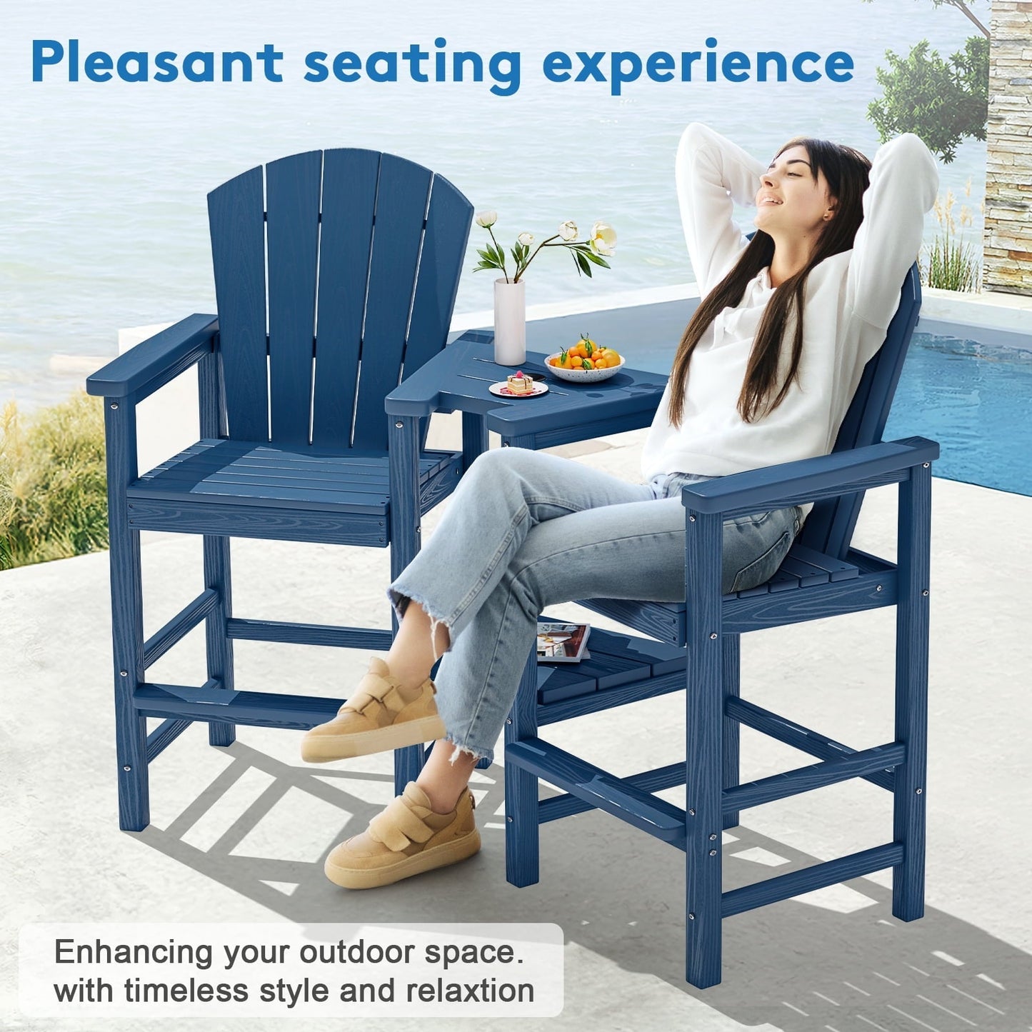 JUSTLET Tall Adirondack Chair Set of 2 with Double Connecting Tray, HDPE Outdoor Weather Resistant Patio Bar Stools, Navy Blue