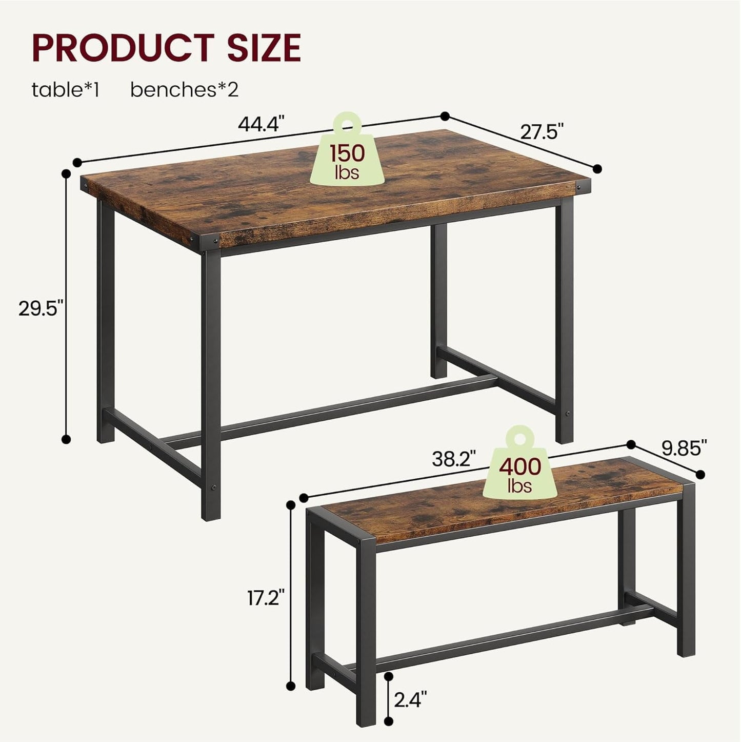 3 Piece Dining Table Set for 4 with Space-Saving Benches, Tabletop, Steel Frame, Modern Farmhouse Kitchen Table for Small Spaces ‎Rustic Brown