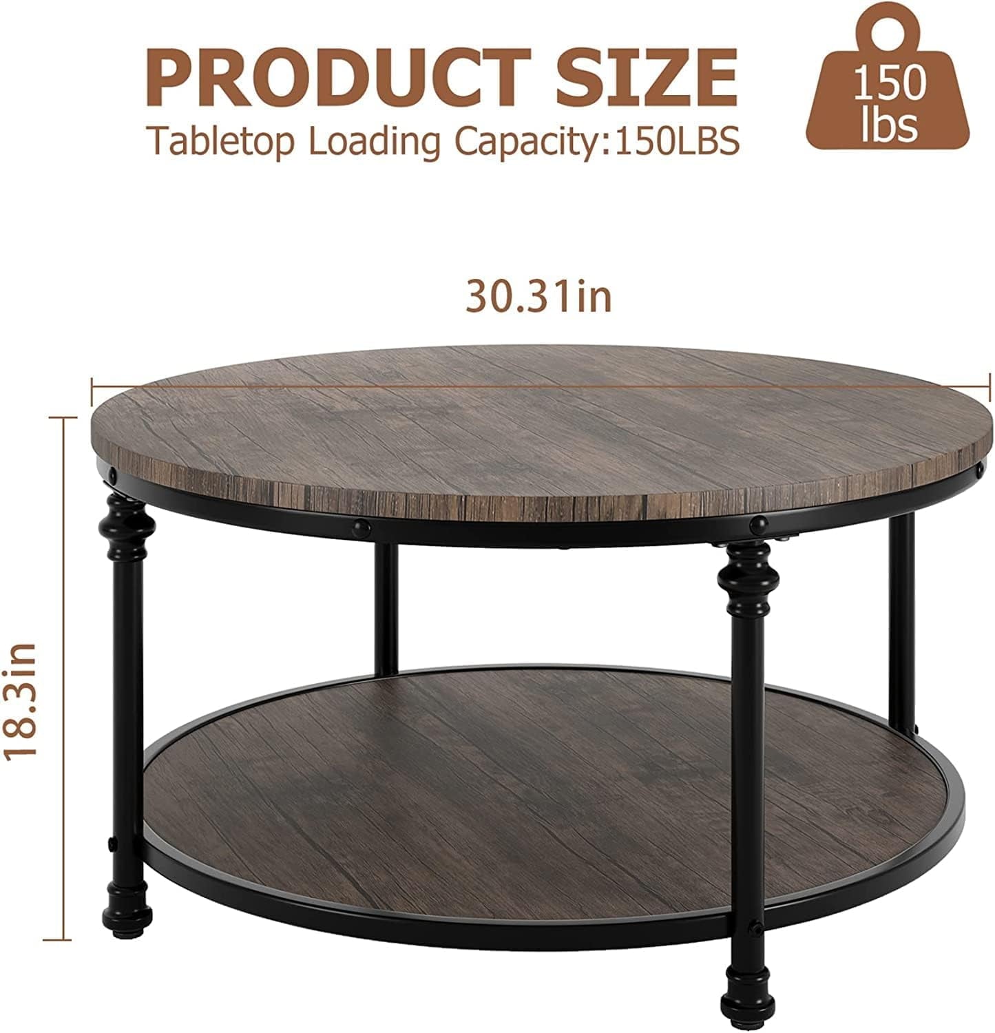 2-Tier Round Wood Coffee Table With Storage Shelf & Roman Column Metal Frame – Rustic Circle Center Table With Easy Assembly for Living Room, Reception Room ，30.5" x 30.5" x 18", Wood Grain Brown