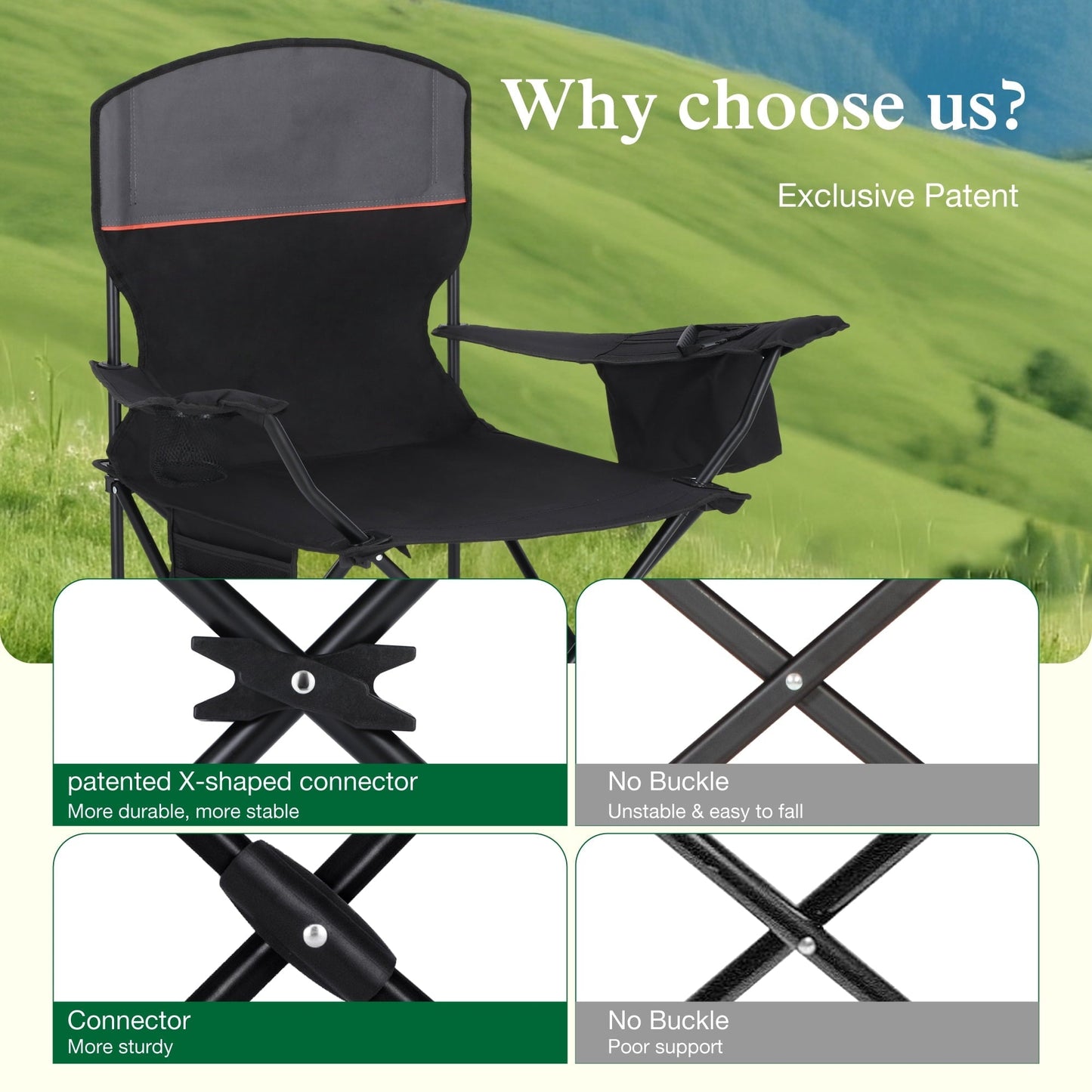 Sophia & William 2 Pack Camping Chairs Portable Outdoor Folding Chairs with Cooler Bag, Black