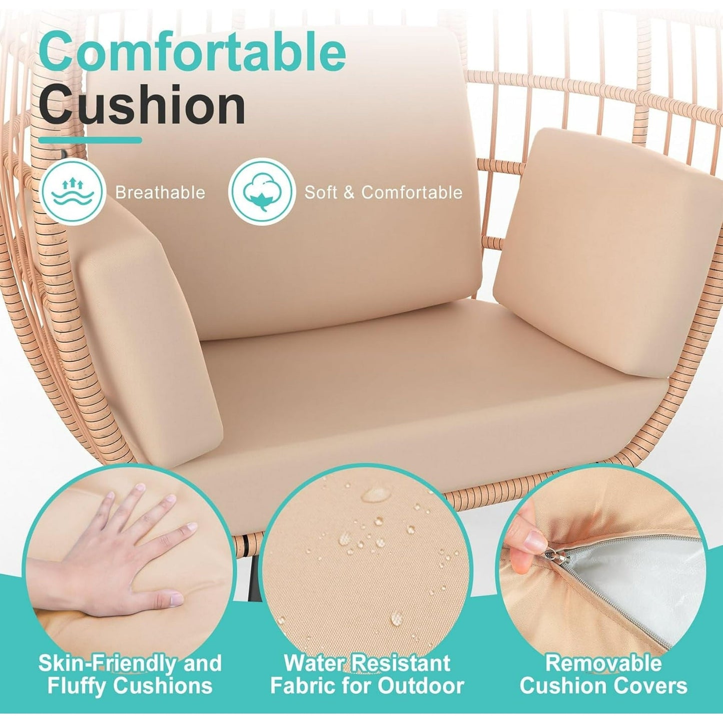 PNKKODW Wicker Standing Egg Chair w/ UV Cushions & Storage Bag, 370lb Capacity, Boho Egg Lounger for Indoor/Outdoor, Brown-Brown