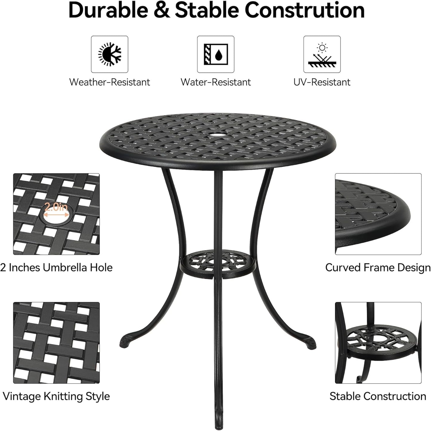 Garvee Round Patio Bistro Table 24 Inch, Cast Aluminum Outdoor Cafe Table with 2Inch Umbrella Hole, Metal Side Table for Porch,Backyard,Garden，Black