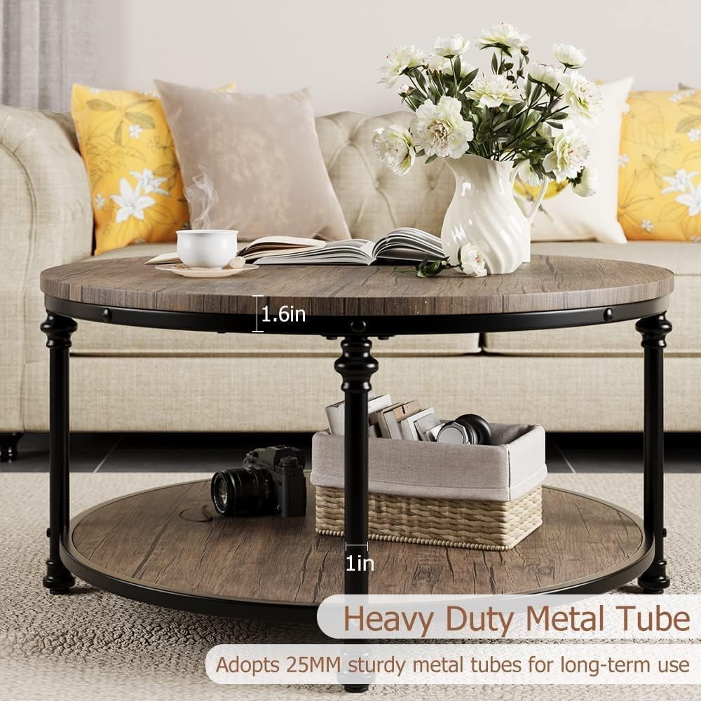 2-Tier Round Wood Coffee Table With Storage Shelf & Roman Column Metal Frame – Rustic Circle Center Table With Easy Assembly for Living Room, Reception Room ，30.5" x 30.5" x 18", Wood Grain Brown