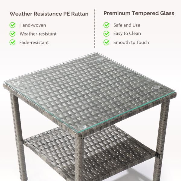 Square Double Layer Glass Top Side Table, Gray Gradient Rattan, Steel Frame, Outdoor Patio Furniture