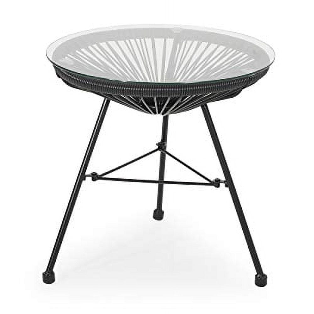 Great Deal Furniture Christina Outdoor Modern Faux Rattan Side Table with Tempered Glass Top, Black