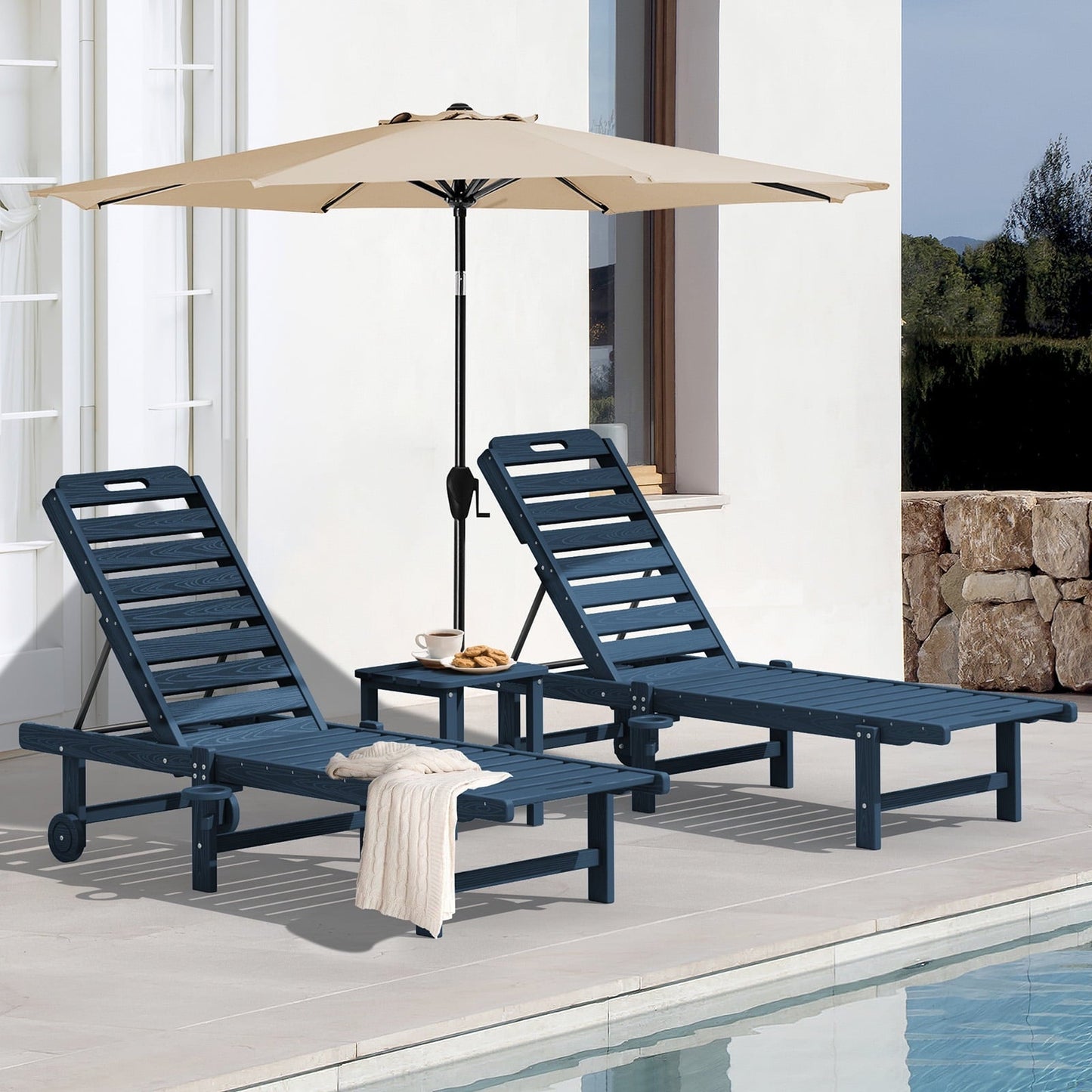 JUSTLET HDPE Outdoor Chaise Lounge Chair with Wheels & Cup Holder,5 Position Adjustable Backrest for Patio & Balcony & Garden & Poolside & Beach, Navy Blue